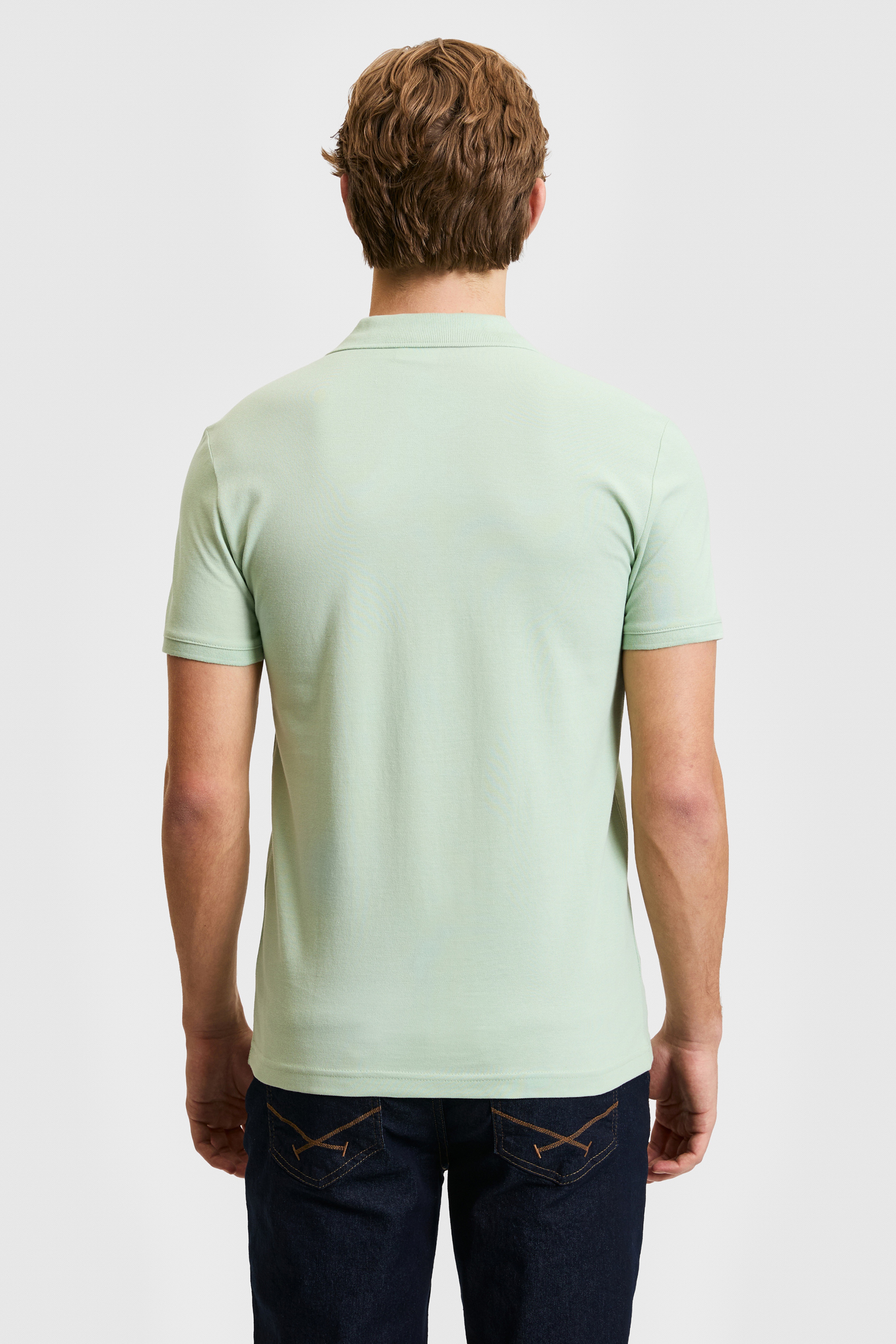 Erkek Slim Fit Polo Yaka Su Yeşili Basic Tişört - Image 5