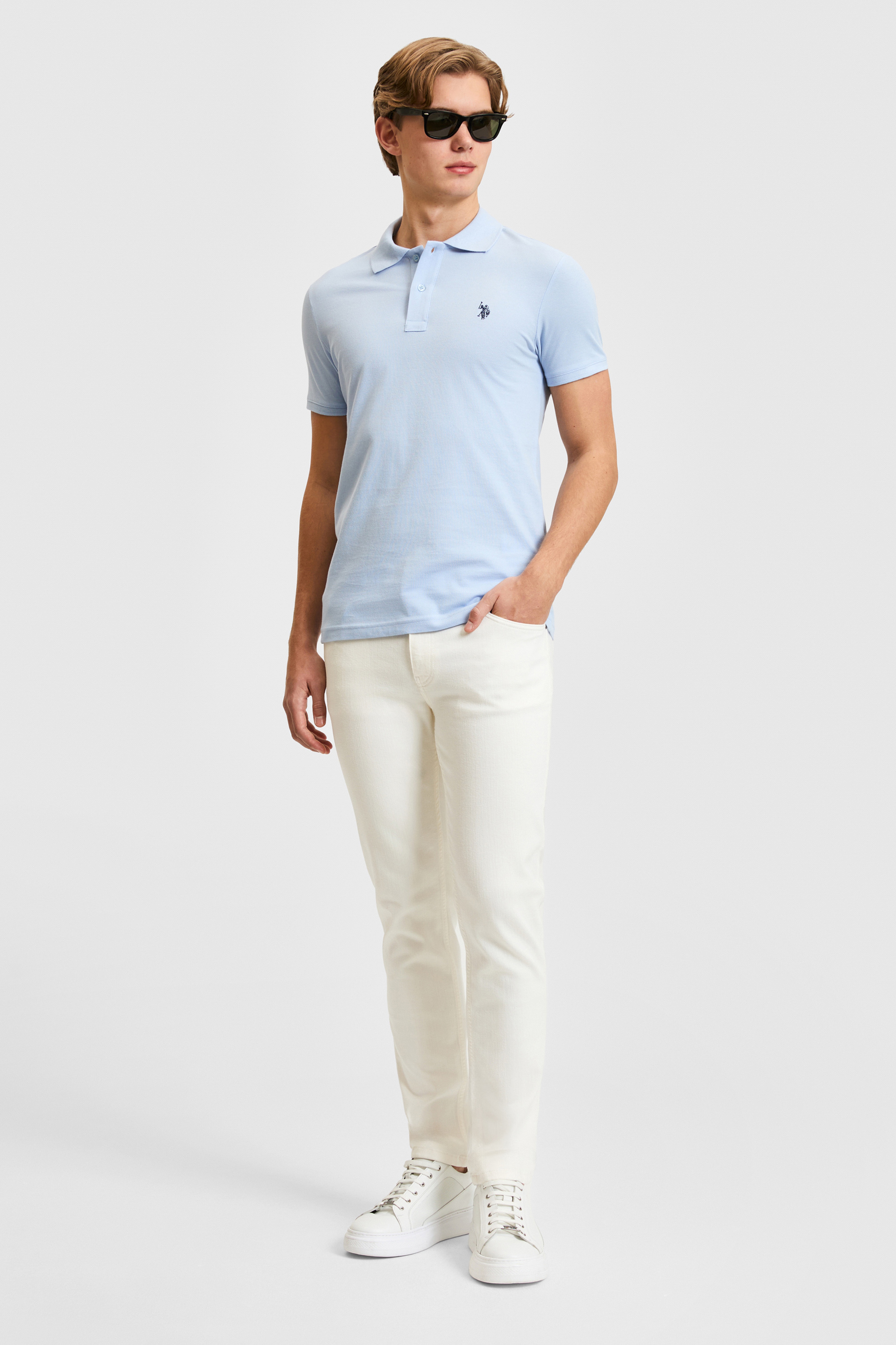 Erkek Slim Fit  Polo Yaka Açık Mavi Basic Tişört