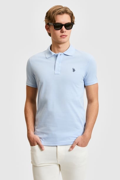 Erkek Slim Fit  Polo Yaka Açık Mavi Basic Tişört