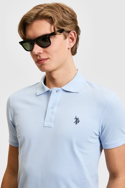 Erkek Slim Fit  Polo Yaka Açık Mavi Basic Tişört