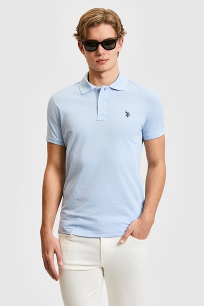 Erkek Slim Fit  Polo Yaka Açık Mavi Basic Tişört