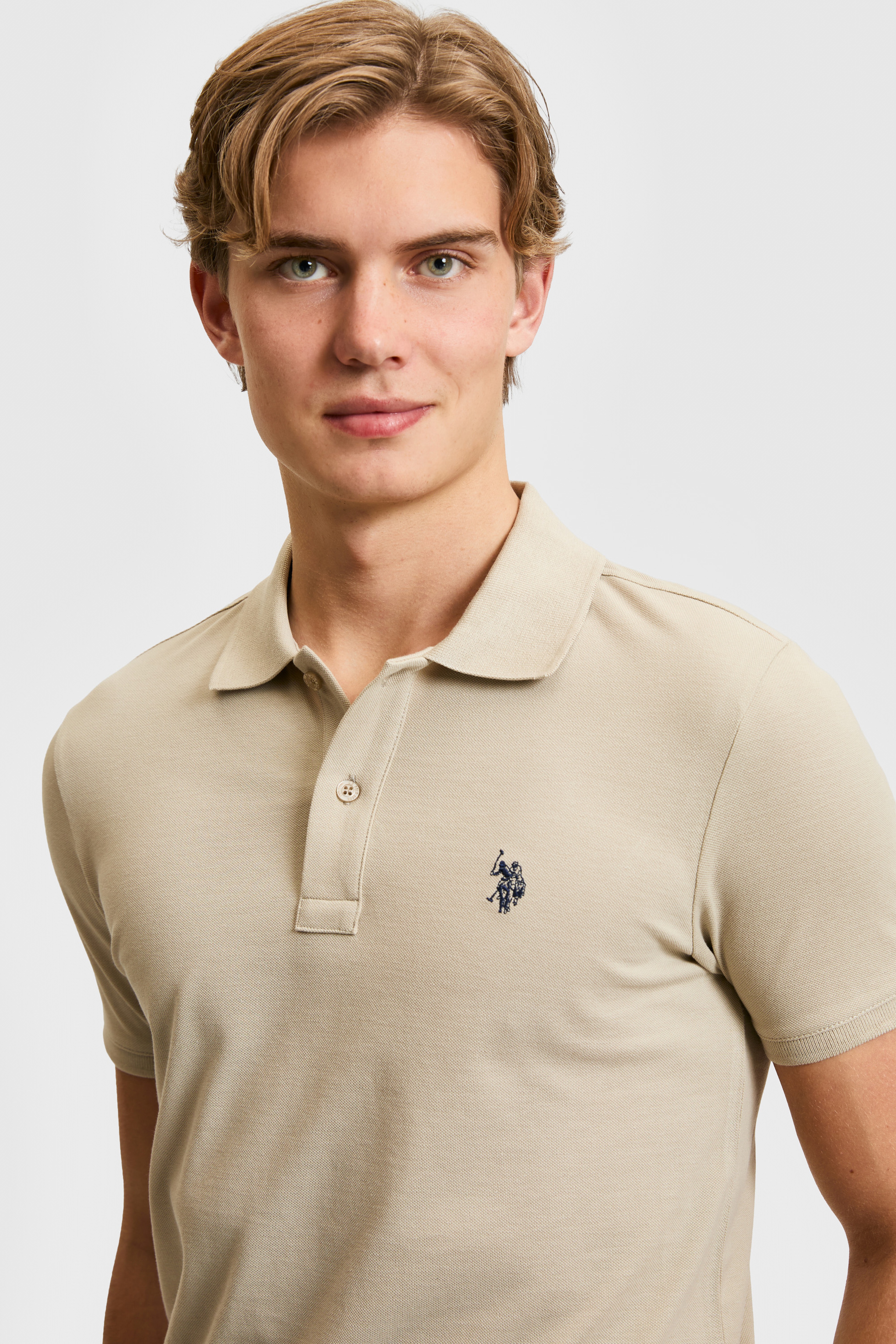 Erkek Slim Fit Polo Yaka Açık Haki Basic Tişört - Image 2