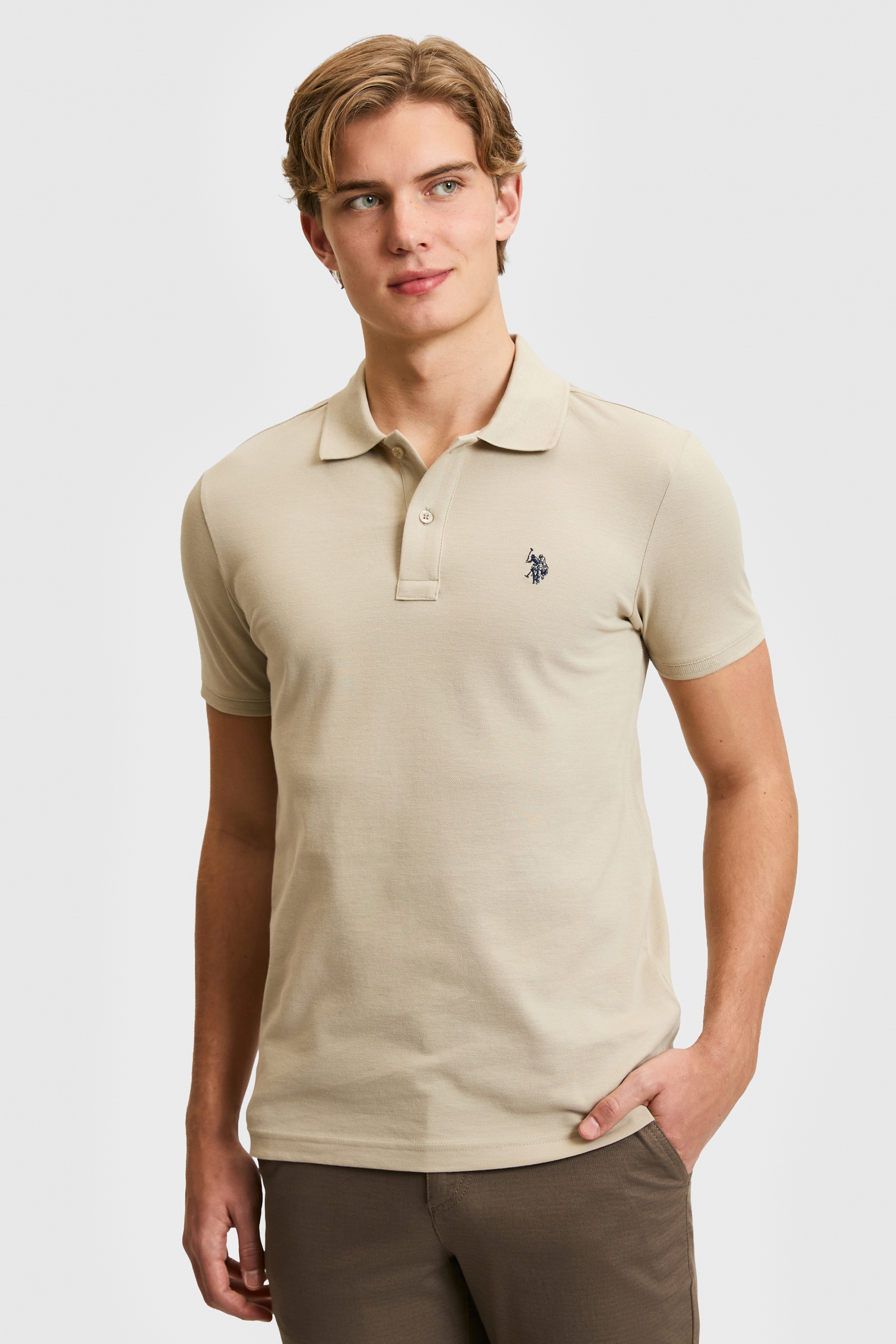 Erkek Slim Fit Polo Yaka Açık Haki Basic Tişört - Image 1