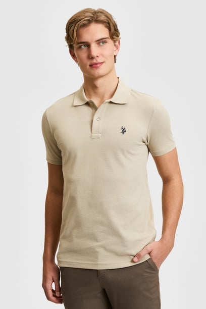 Erkek Slim Fit Polo Yaka Açık Haki Basic Tişört