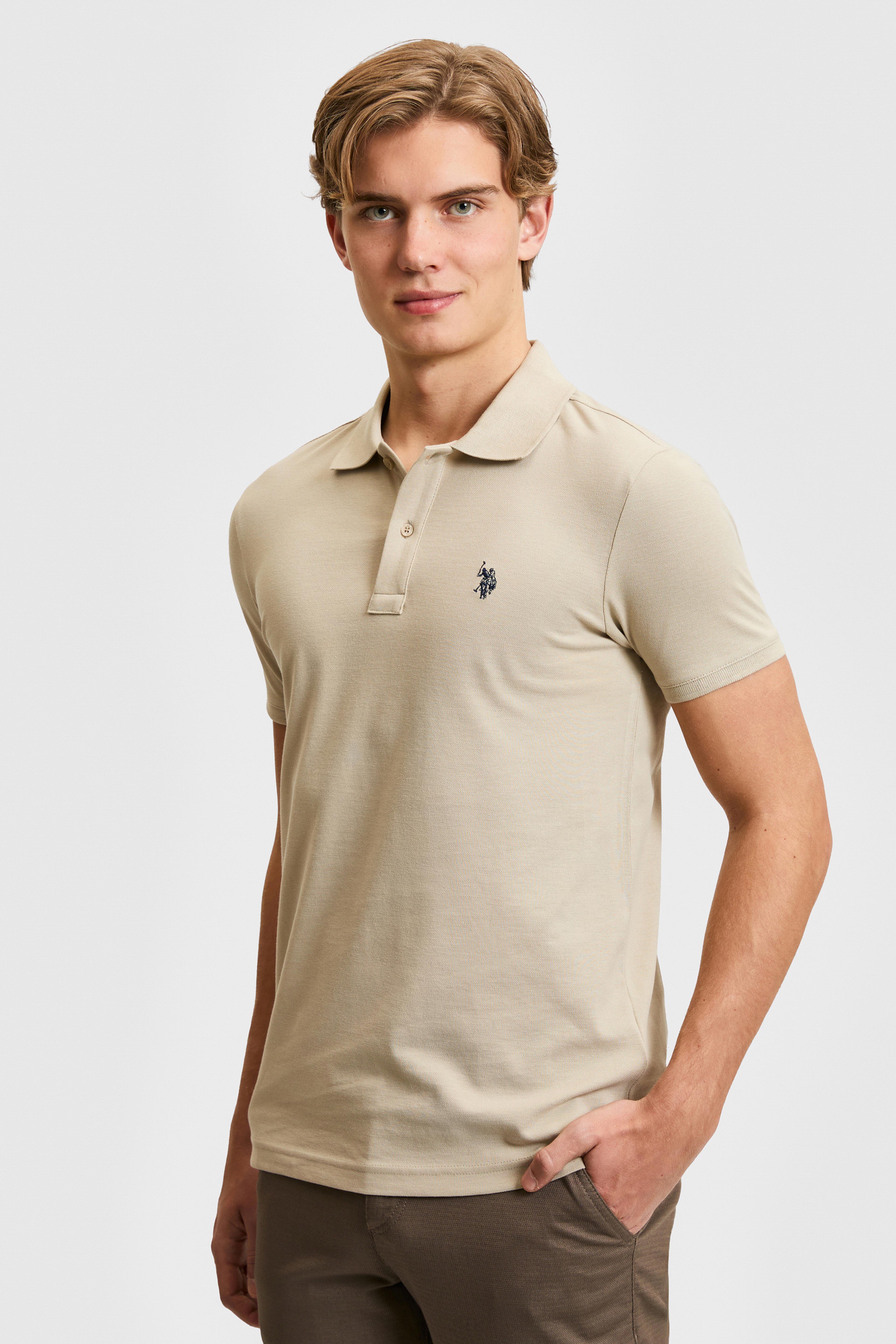 Erkek Slim Fit Polo Yaka Açık Haki Basic Tişört - Image 3