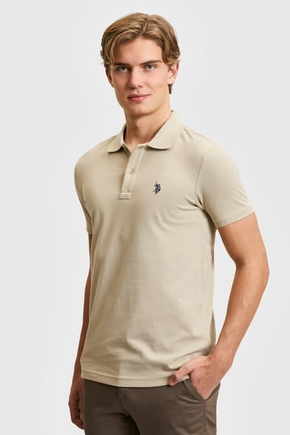 Erkek Slim Fit Polo Yaka Açık Haki Basic Tişört