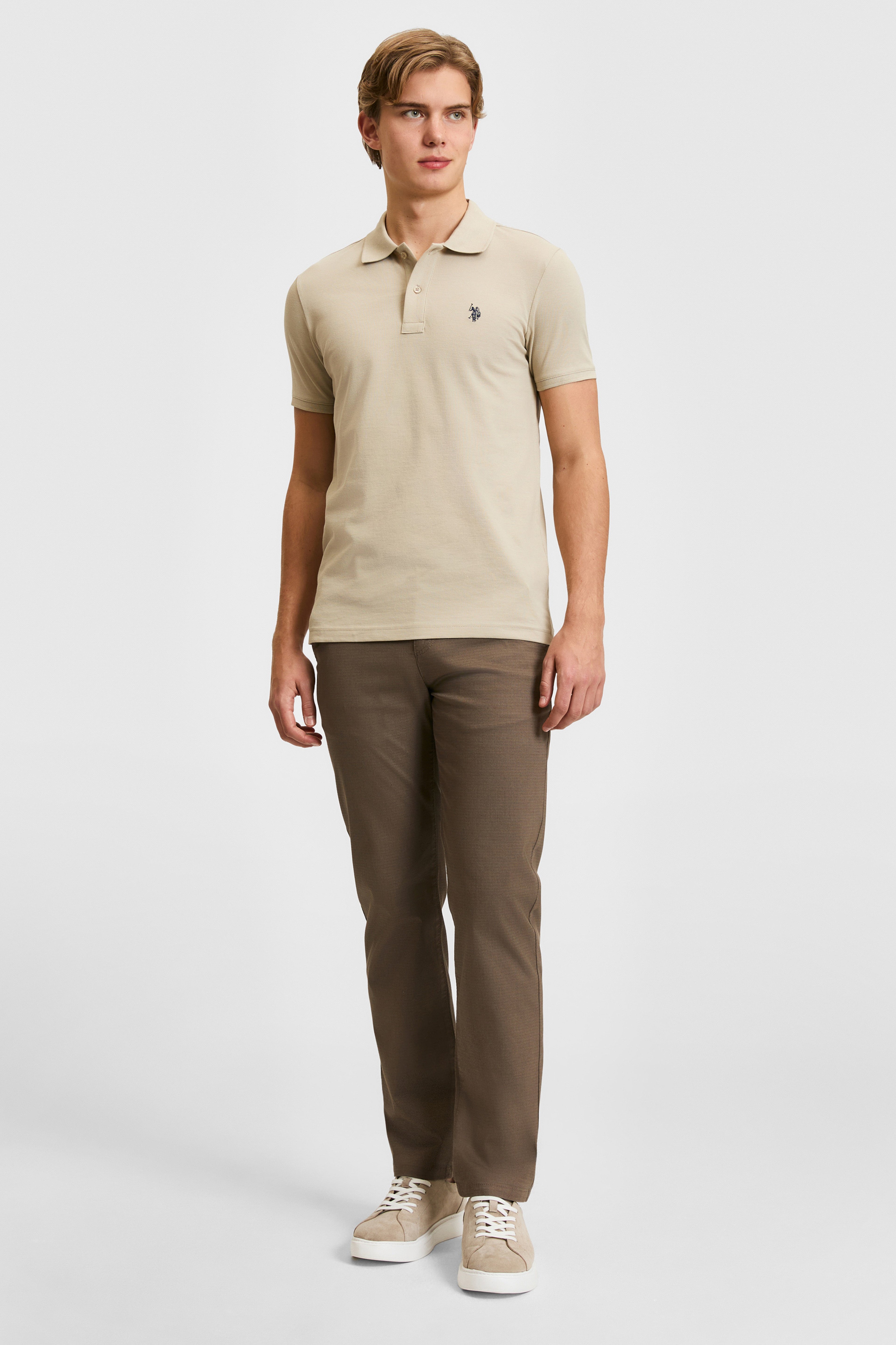 Erkek Slim Fit Polo Yaka Açık Haki Basic Tişört