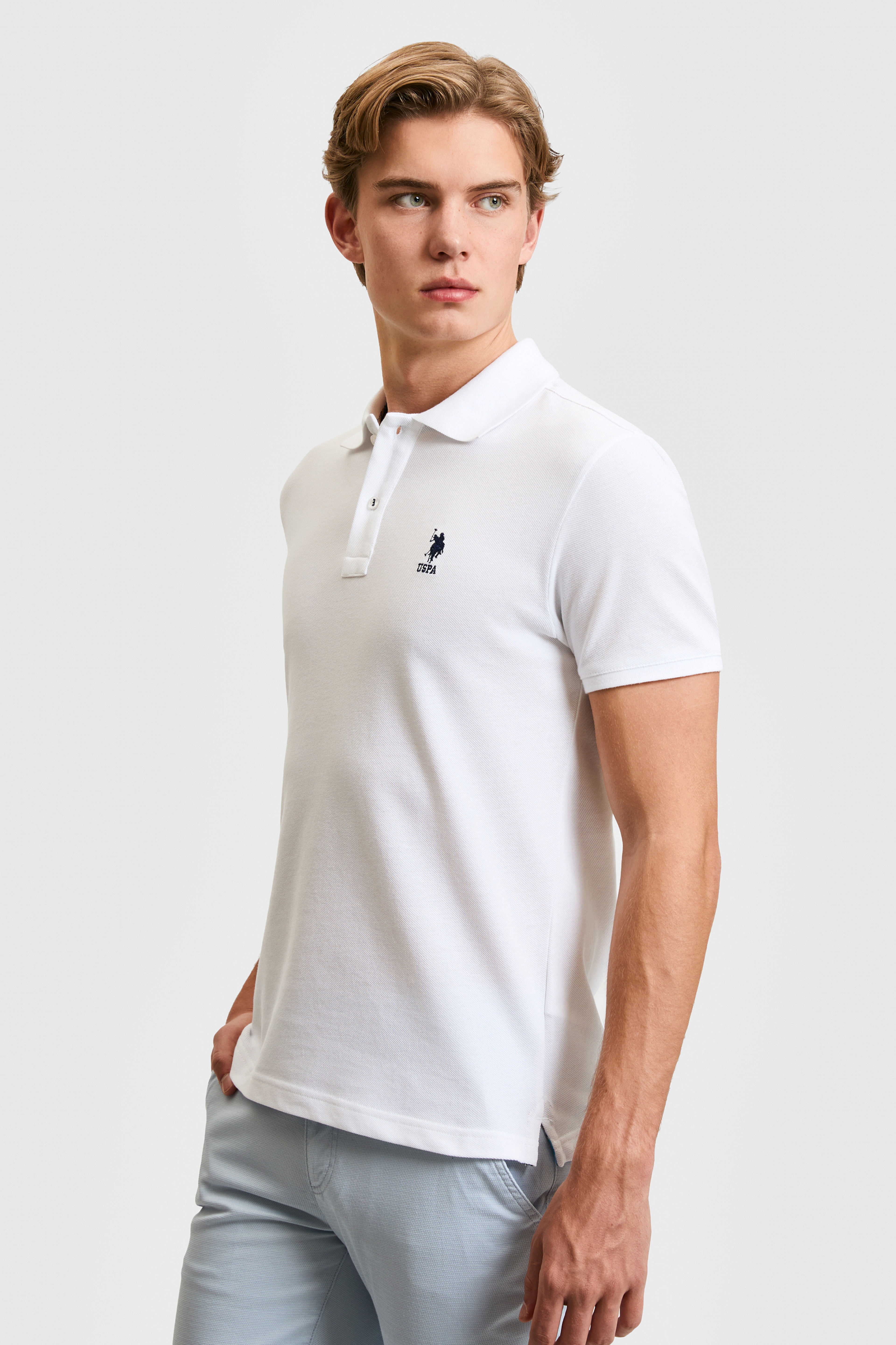 Erkek Slim Fit Polo Yaka Beyaz Basic Tişört - Image 3
