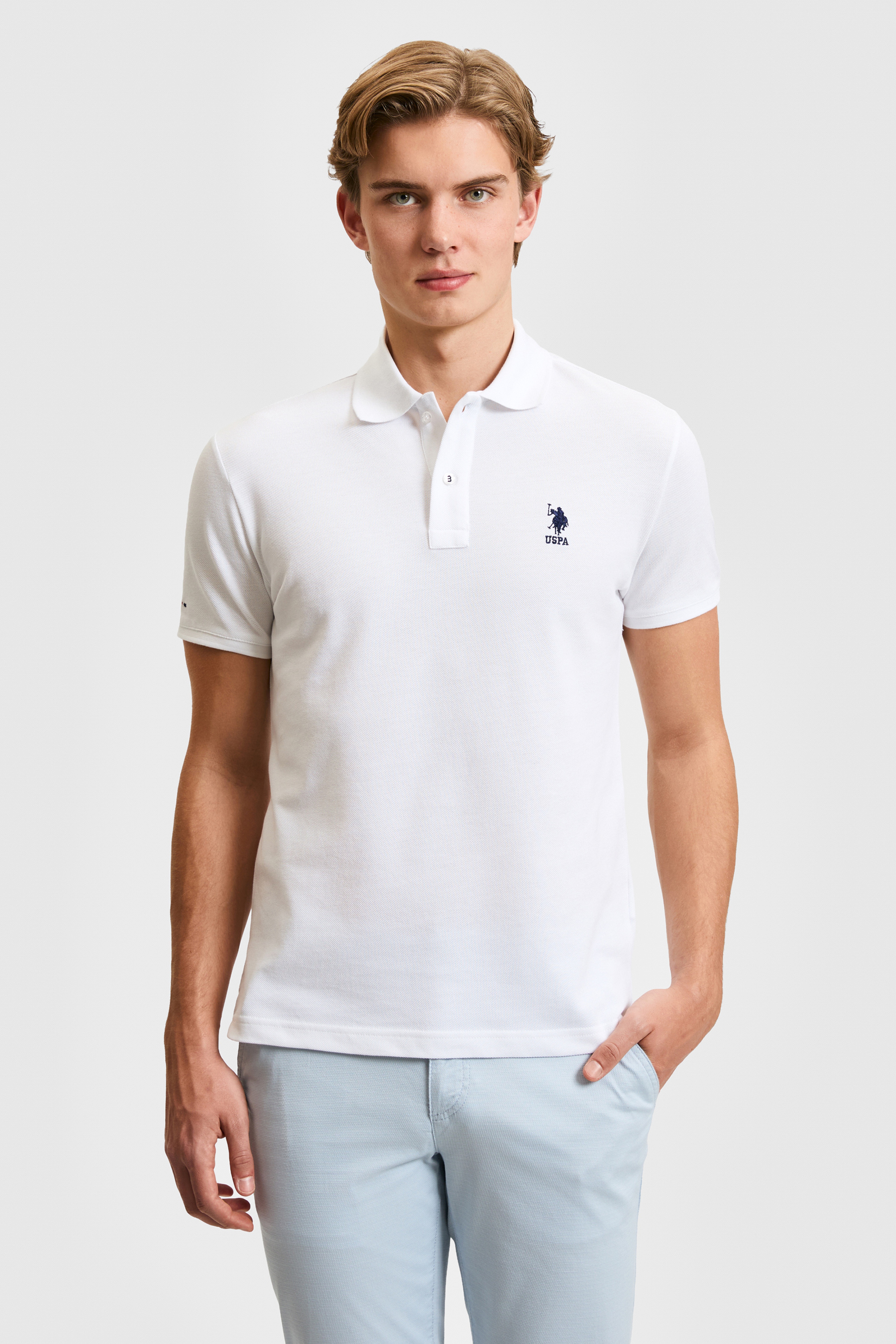 Erkek Slim Fit Polo Yaka Beyaz Basic Tişört - Image 1