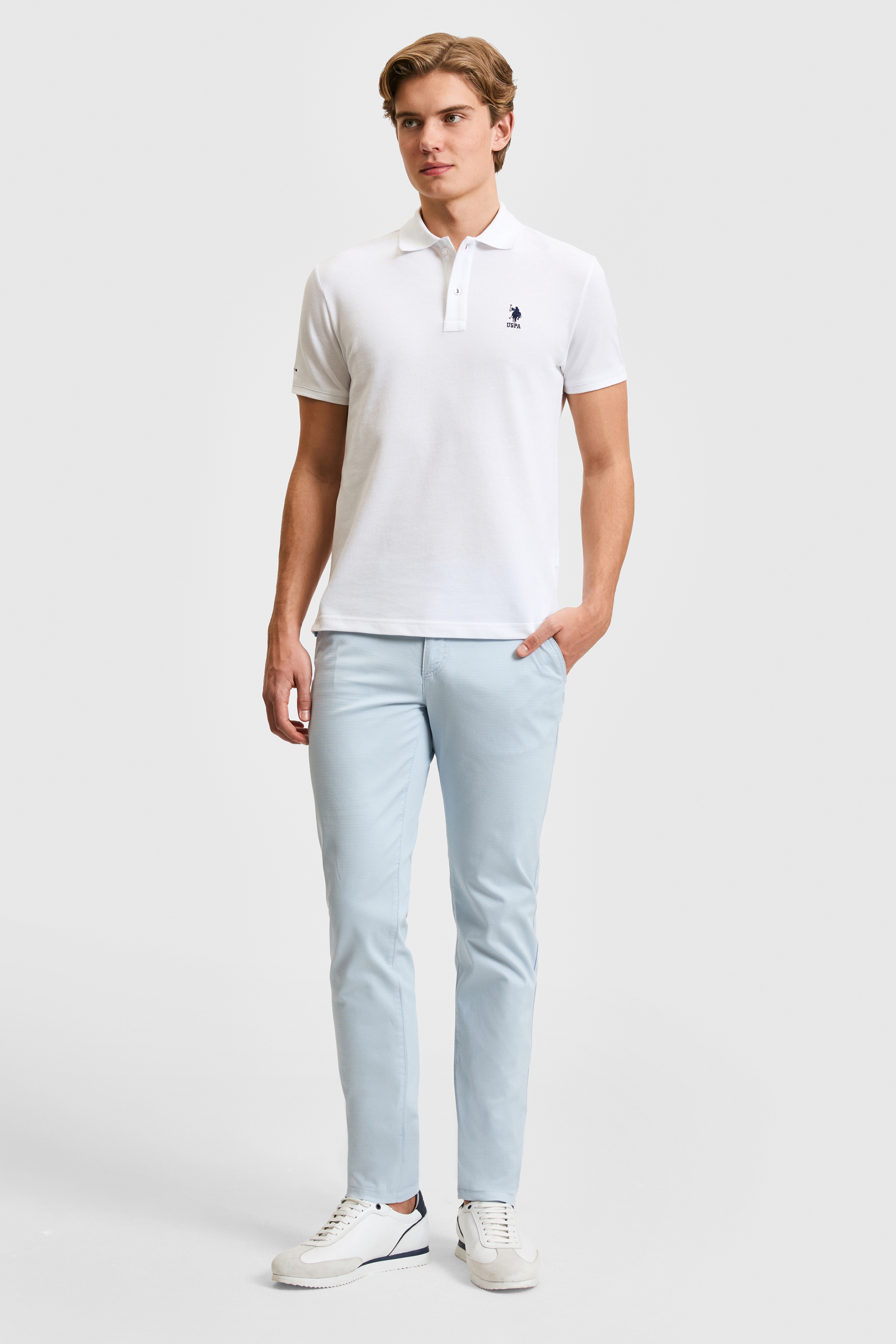 Erkek Slim Fit Polo Yaka Beyaz Basic Tişört