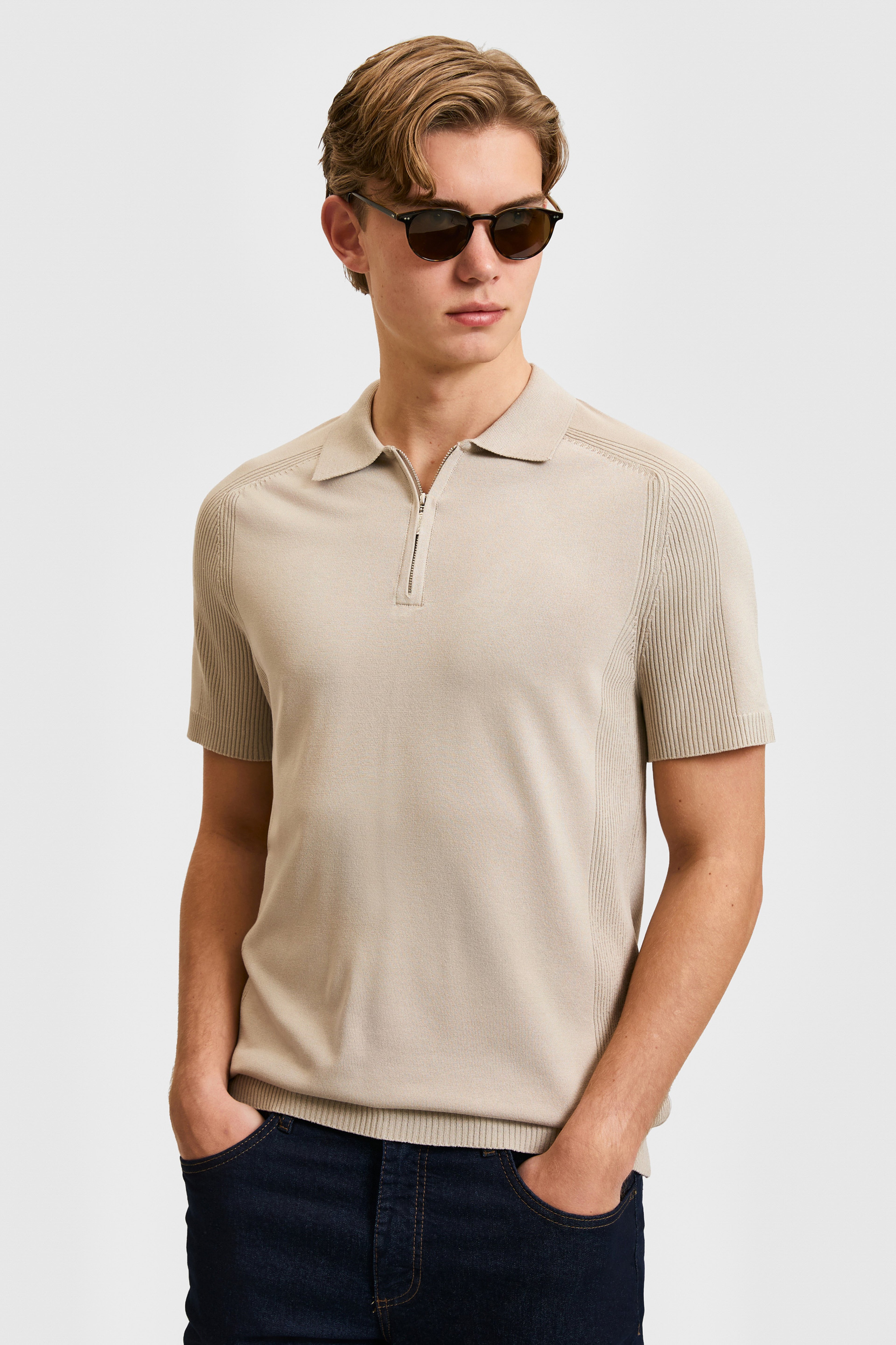 Erkek Taş Slim Fit Polo Yaka Yarım Fermuarlı Tişört - Image 1