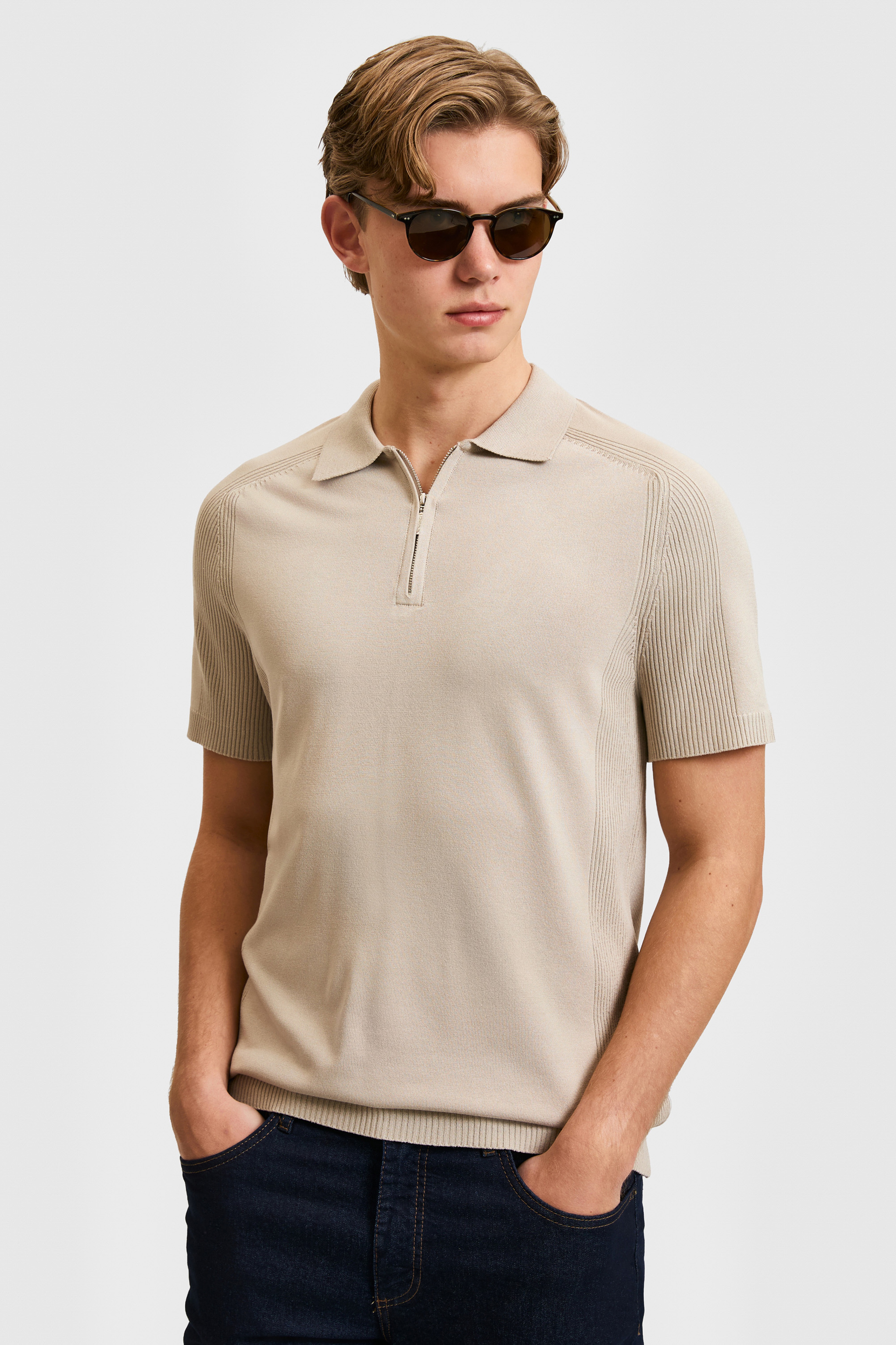 Erkek Taş Slim Fit Polo Yaka Yarım Fermuarlı Tişört