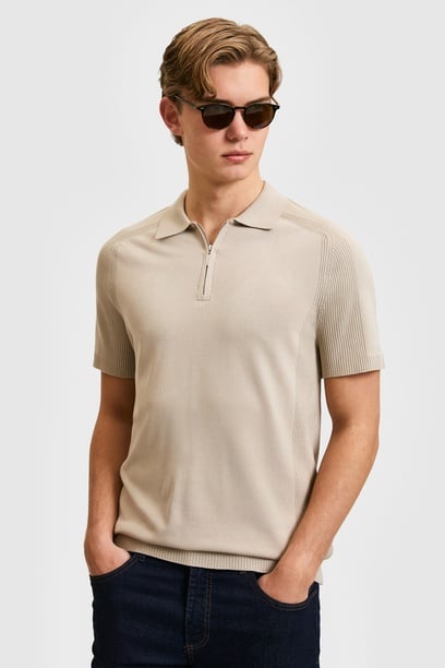 Erkek Taş Slim Fit Polo Yaka Yarım Fermuarlı Tişört