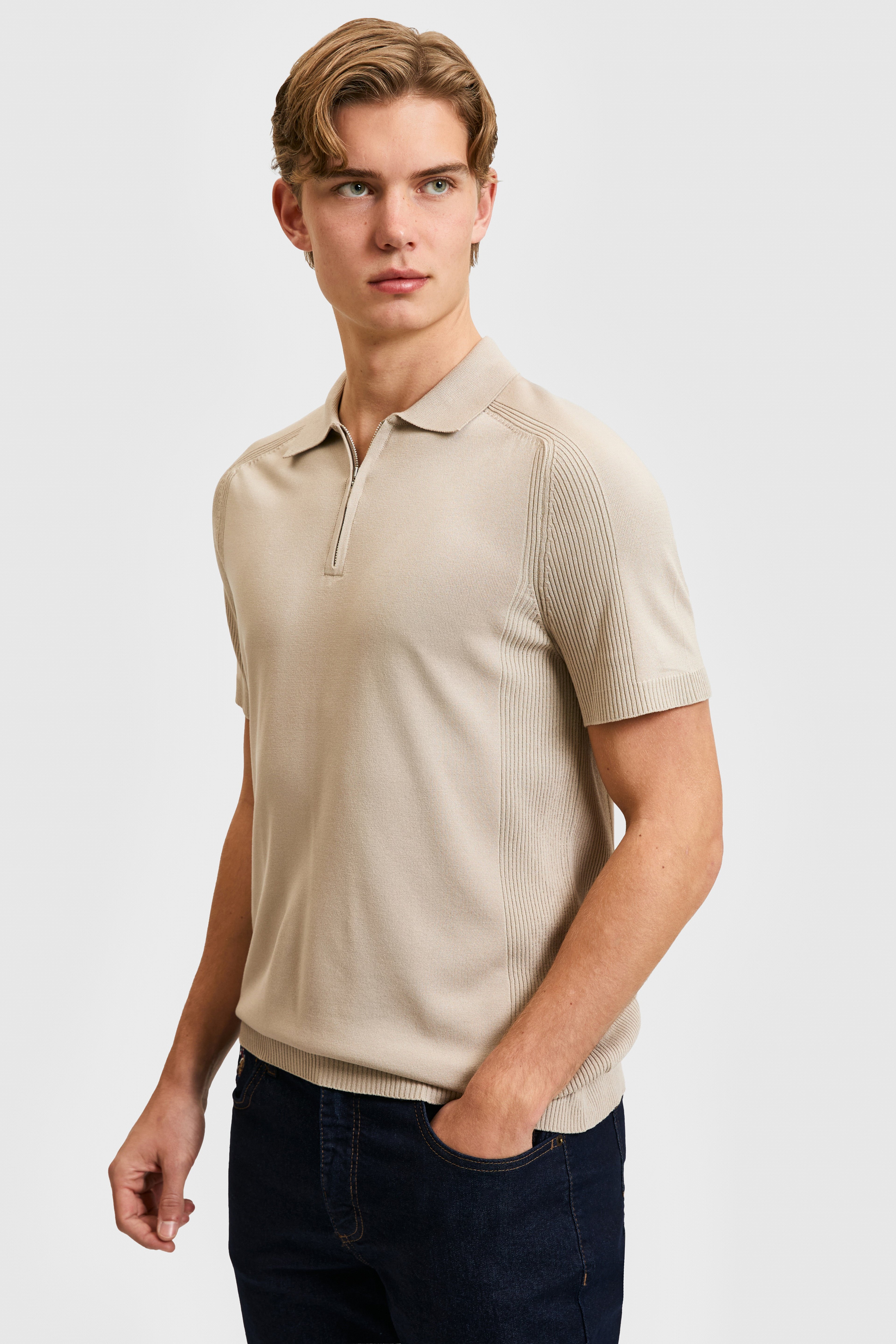 Erkek Taş Slim Fit Polo Yaka Yarım Fermuarlı Tişört - Image 3