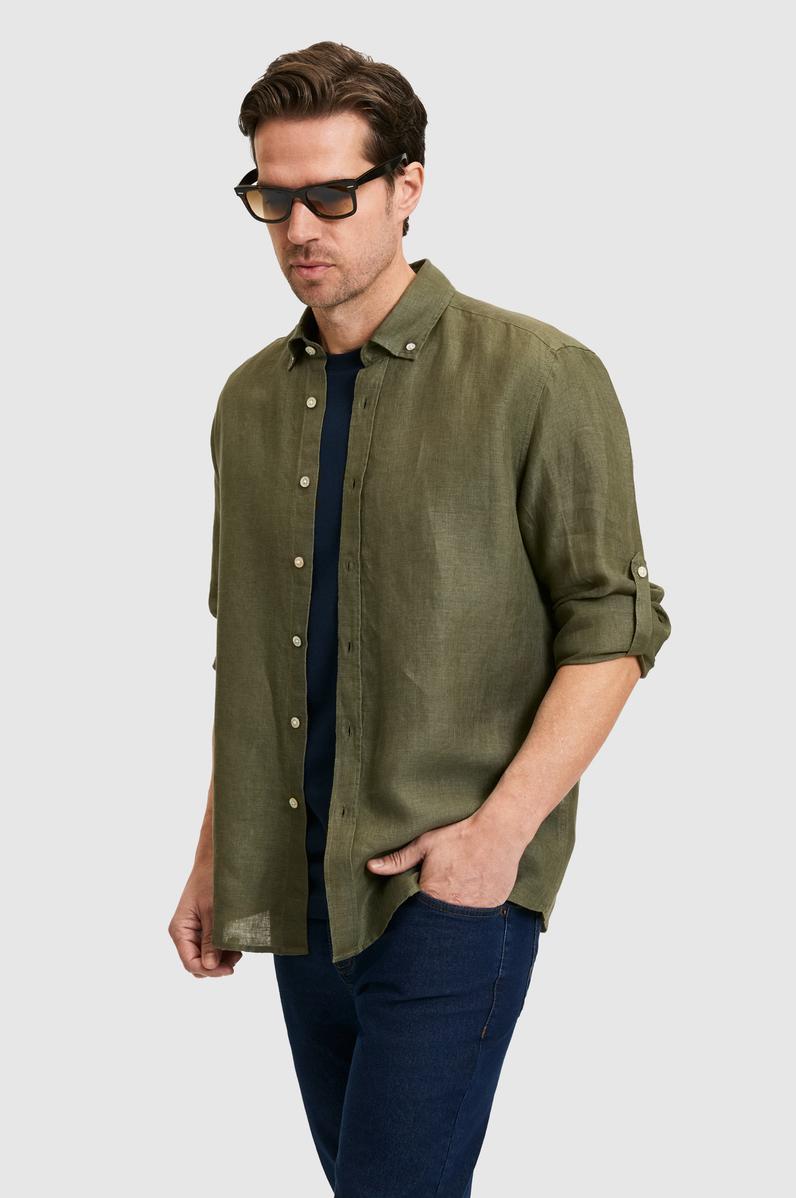 Erkek Koyu Haki Uzun Kollu Gömlek