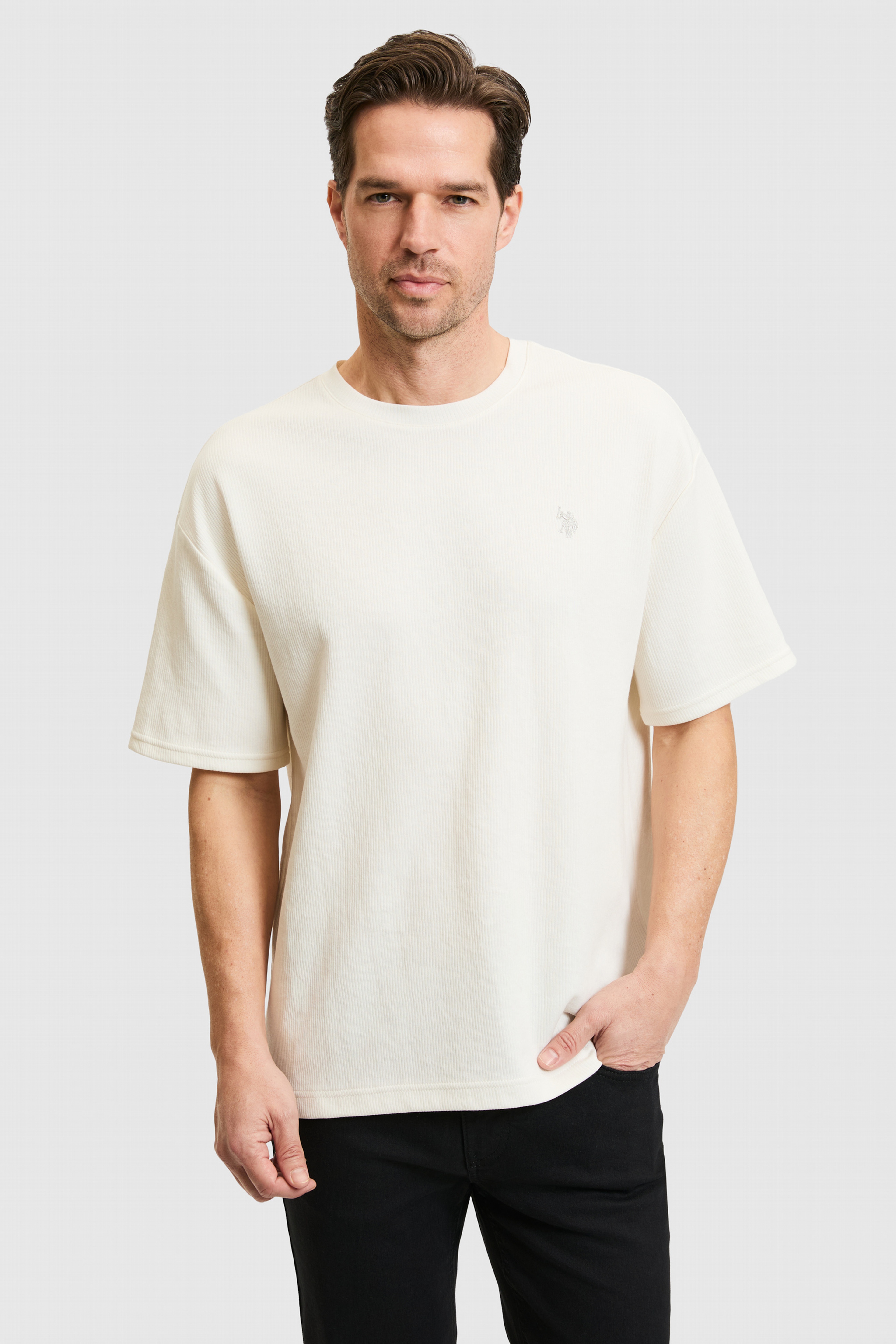 Erkek Comfort Fit Bisiklet Yaka Krem Tişört