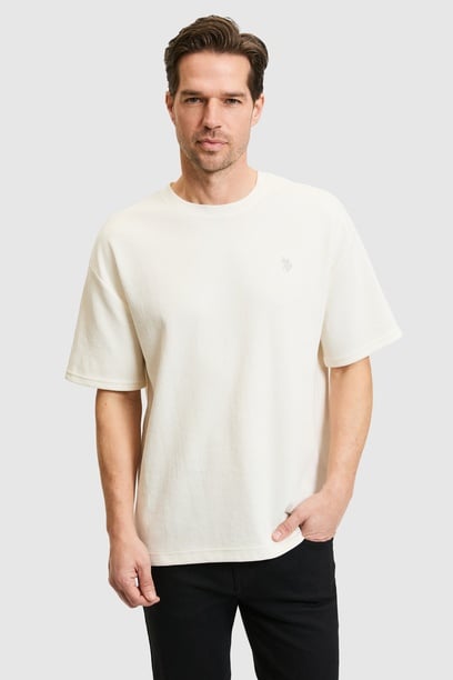 Erkek Comfort Fit Bisiklet Yaka Krem Tişört
