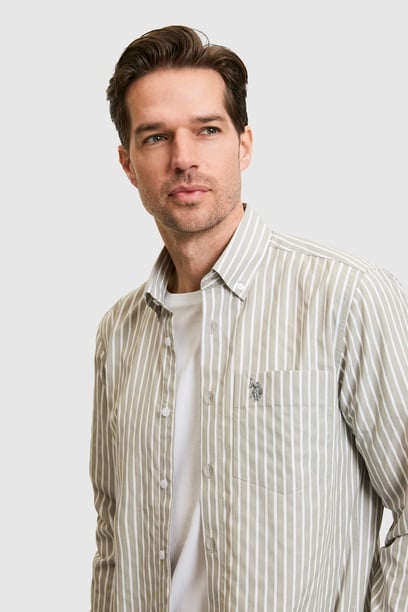 Erkek Çizgili Açık Haki Uzun Kollu Gömlek