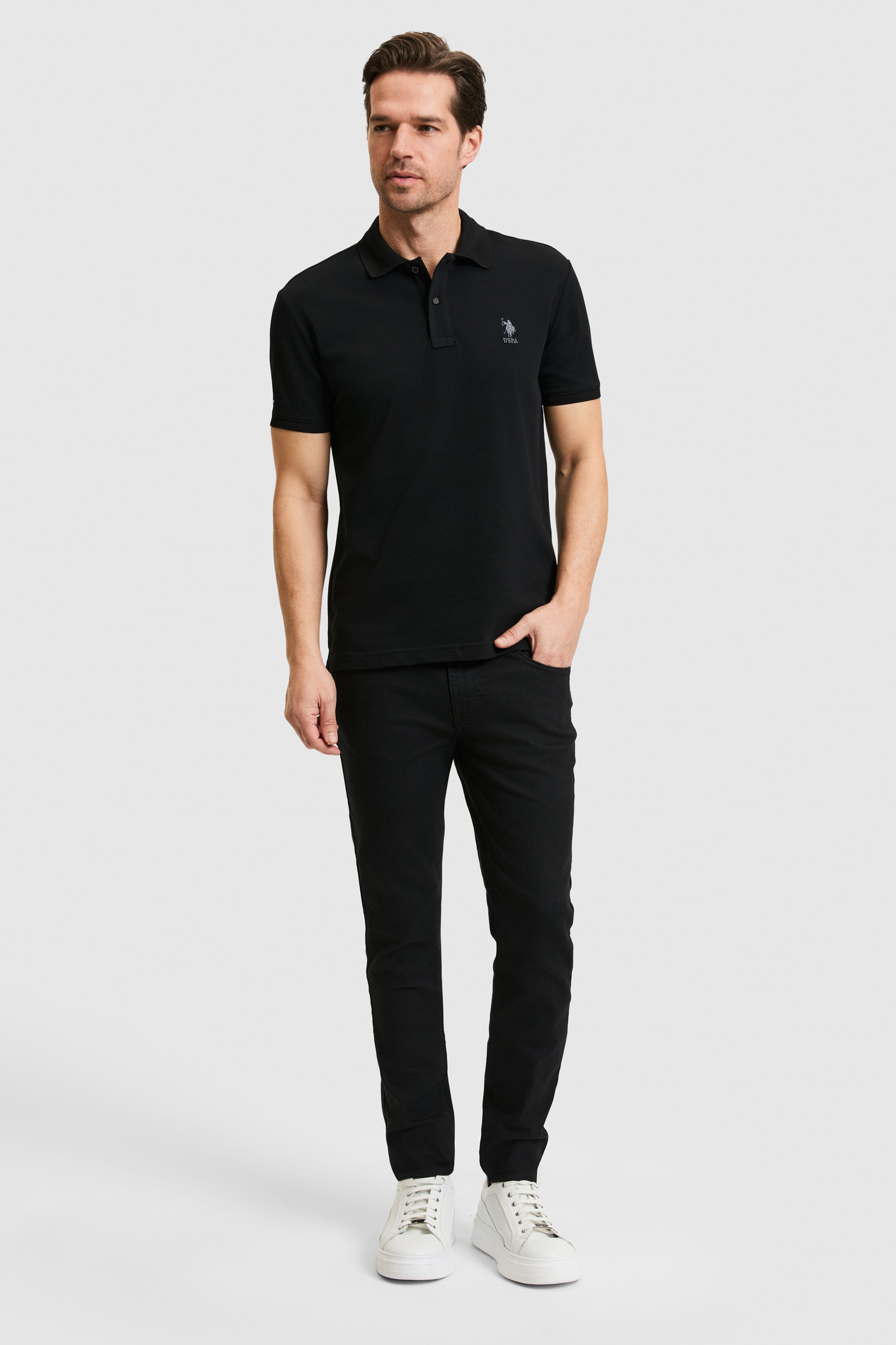 Erkek Slim Fit Polo Yaka Siyah Basic Tişört