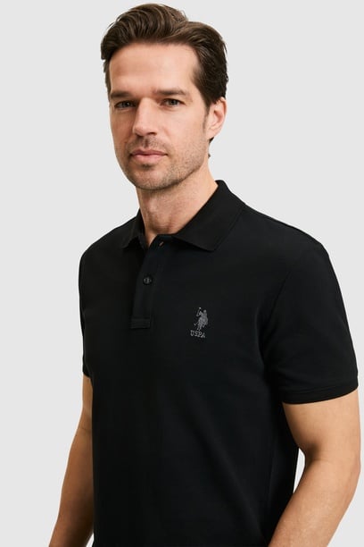 Erkek Slim Fit Polo Yaka Siyah Basic Tişört