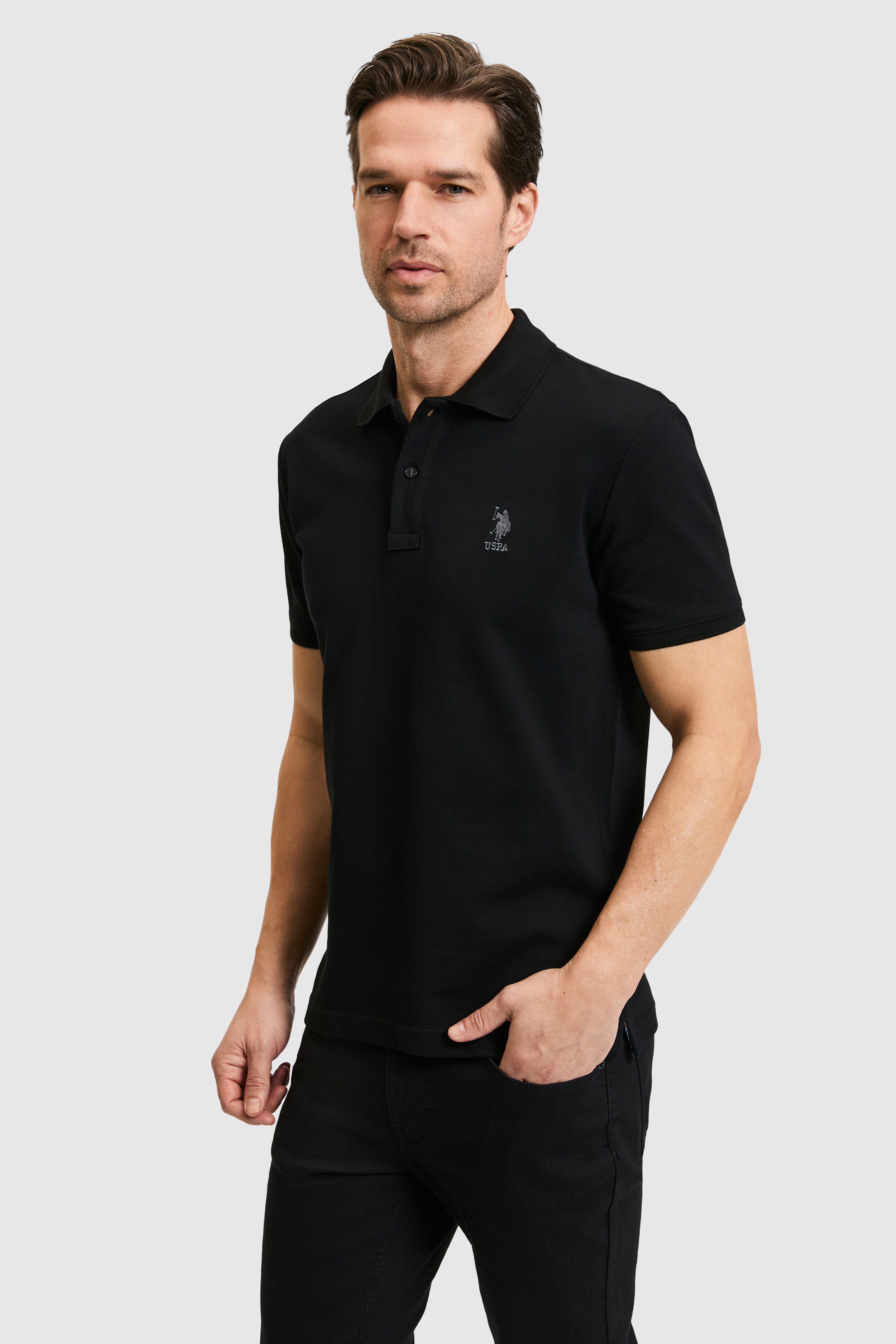 Erkek Slim Fit Polo Yaka Siyah Basic Tişört