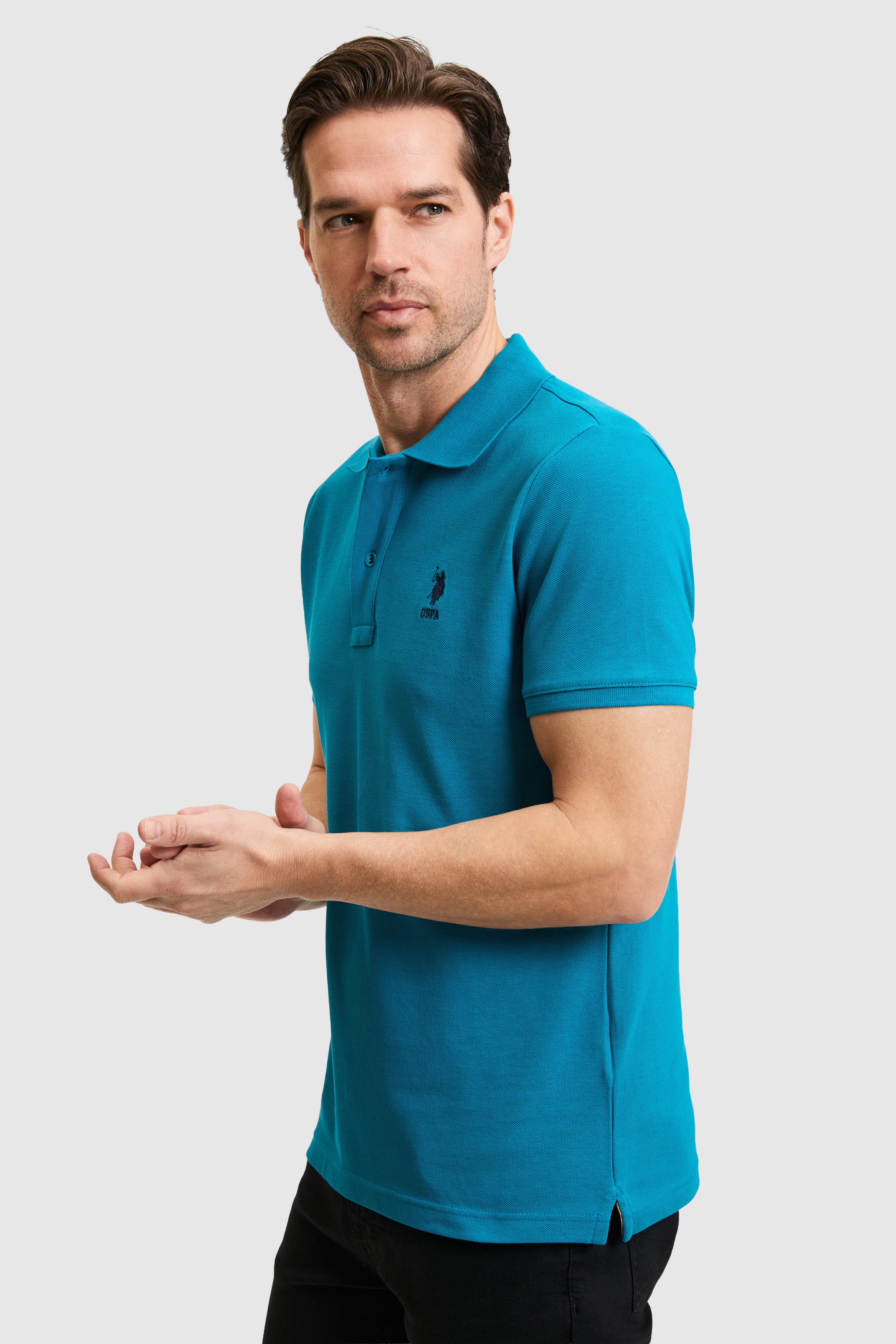 Erkek Slim Fit Polo Yaka Petrol Basic Tişört - Image 2