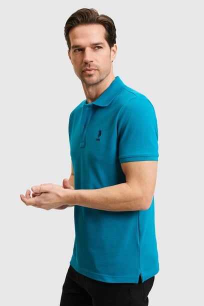 Erkek Slim Fit Polo Yaka Petrol Basic Tişört