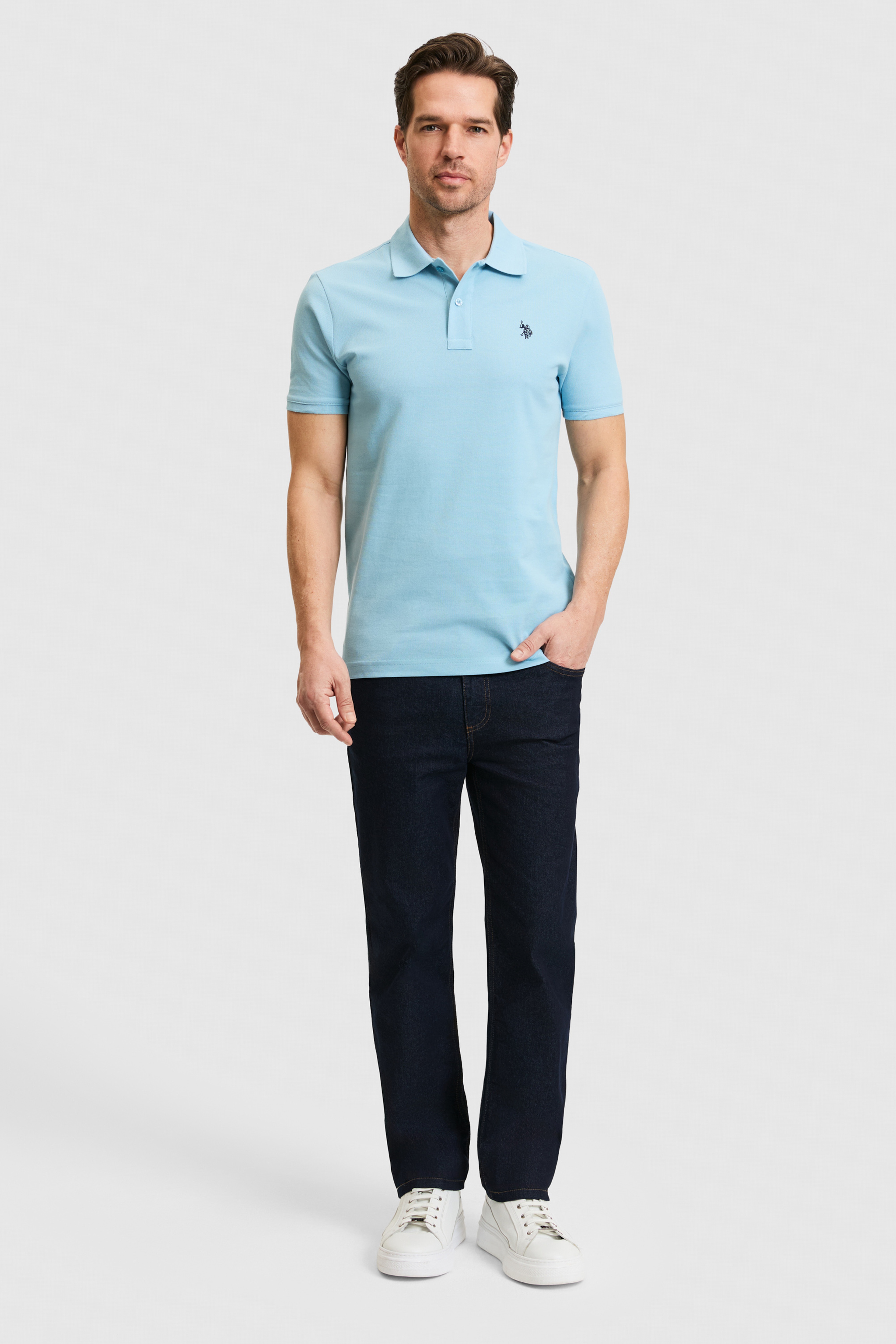 Erkek Slim Fit Polo Yaka Mavi Basic Tişört - Image 4