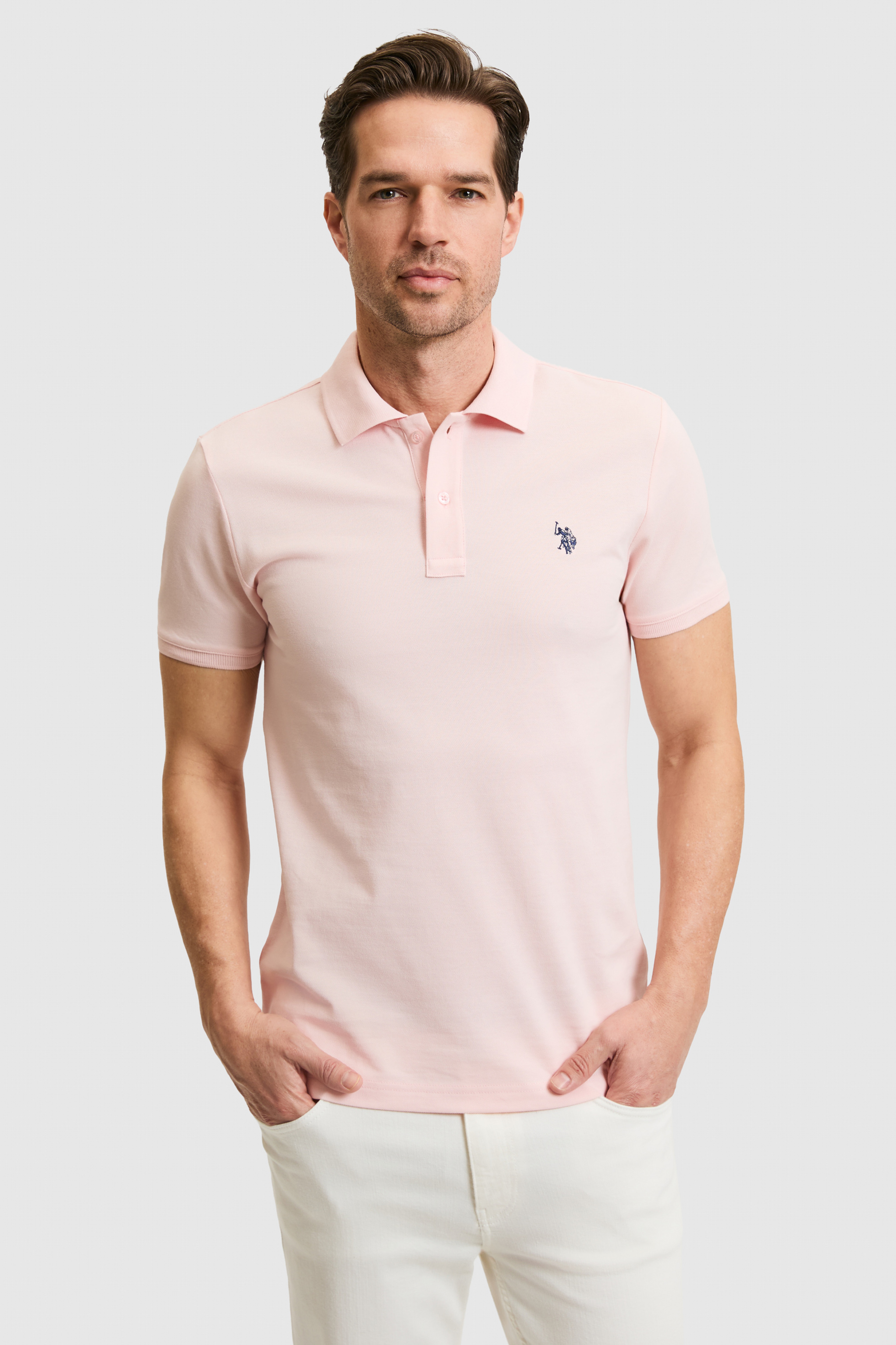 Erkek Slim Fit Polo Yaka Açık Pembe Basic Tişört