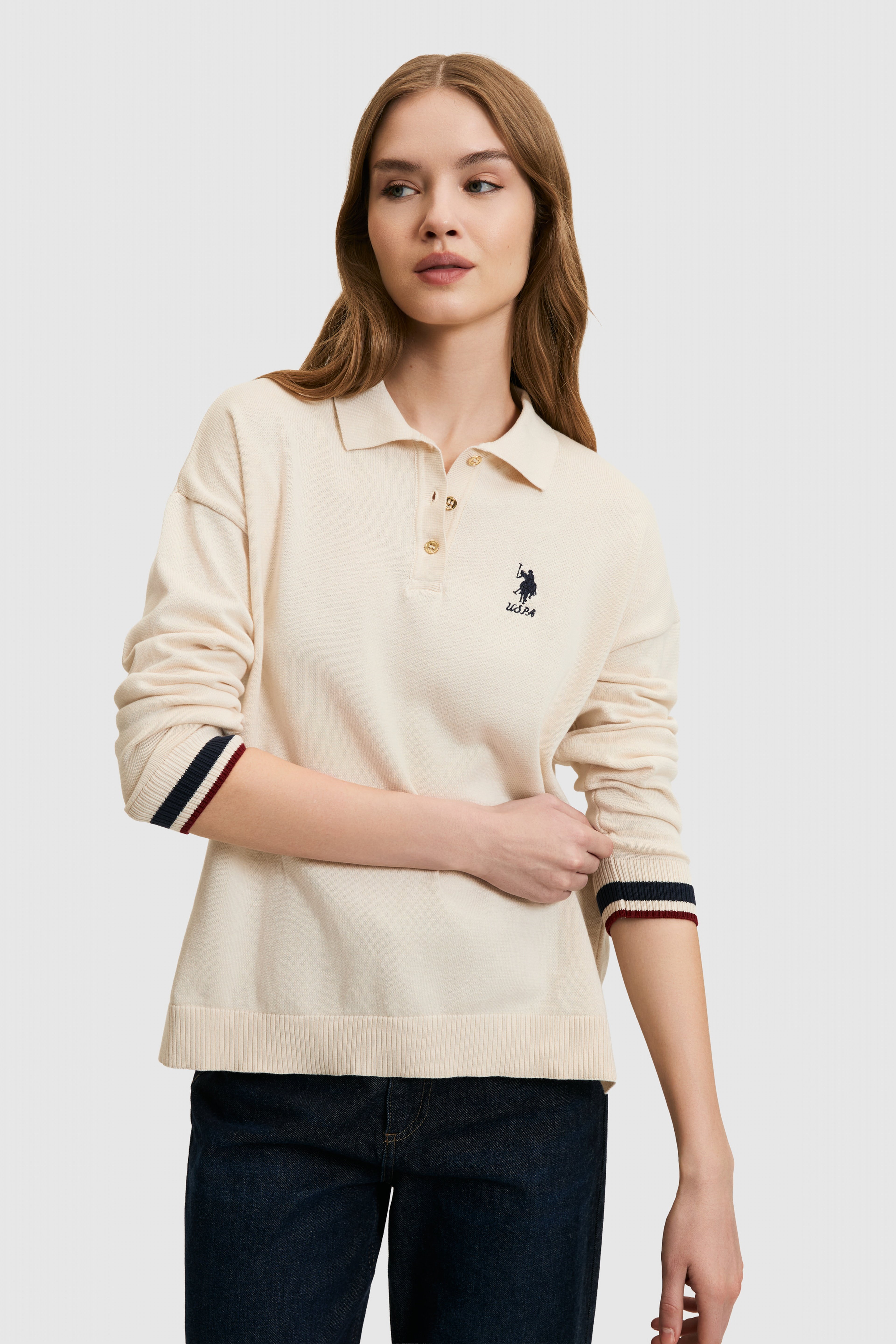 Kadın Krem Polo Yaka Kazak - Image 4