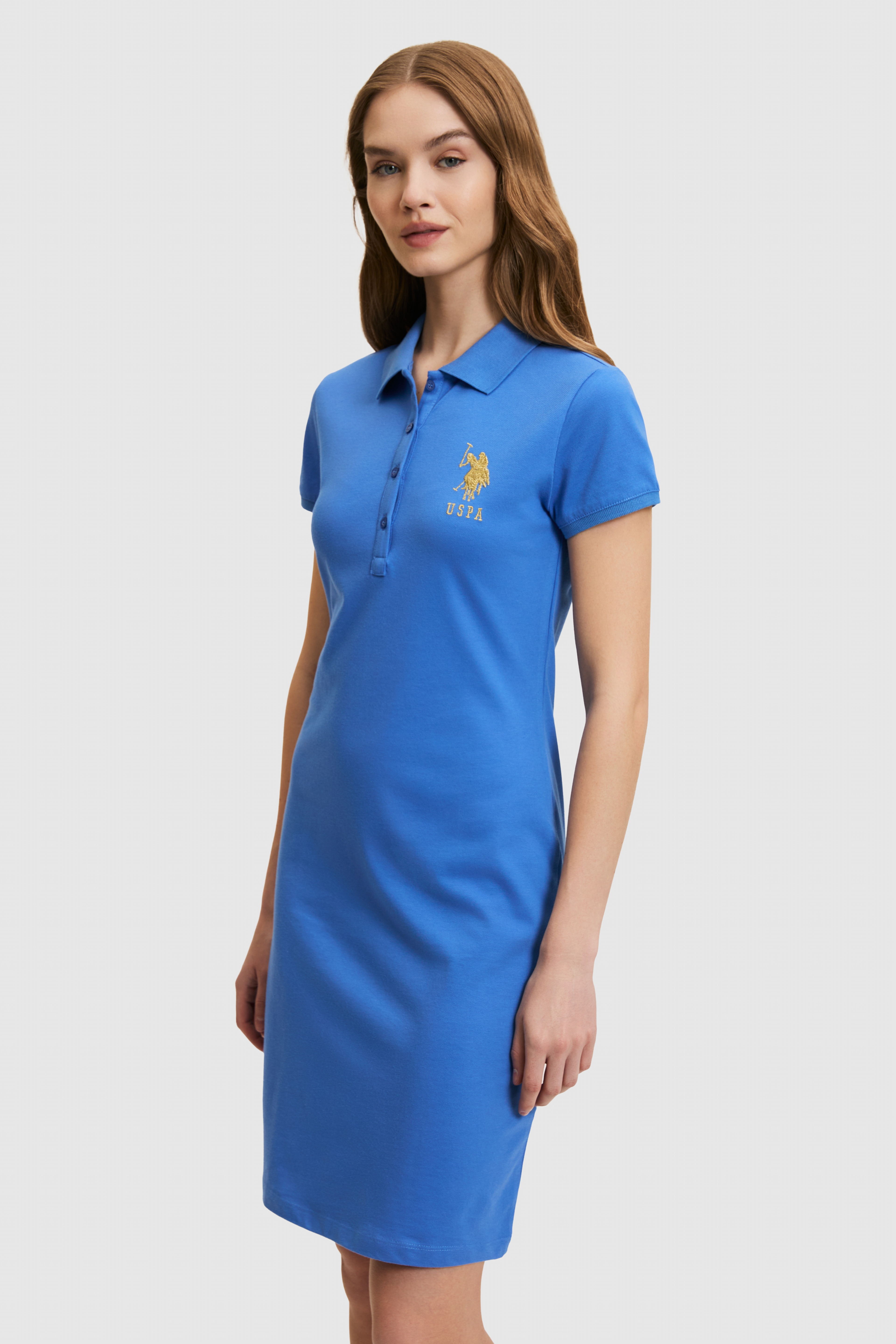 Kadın İndigo Polo Yaka Mini Boy Örme Elbise - Image 4