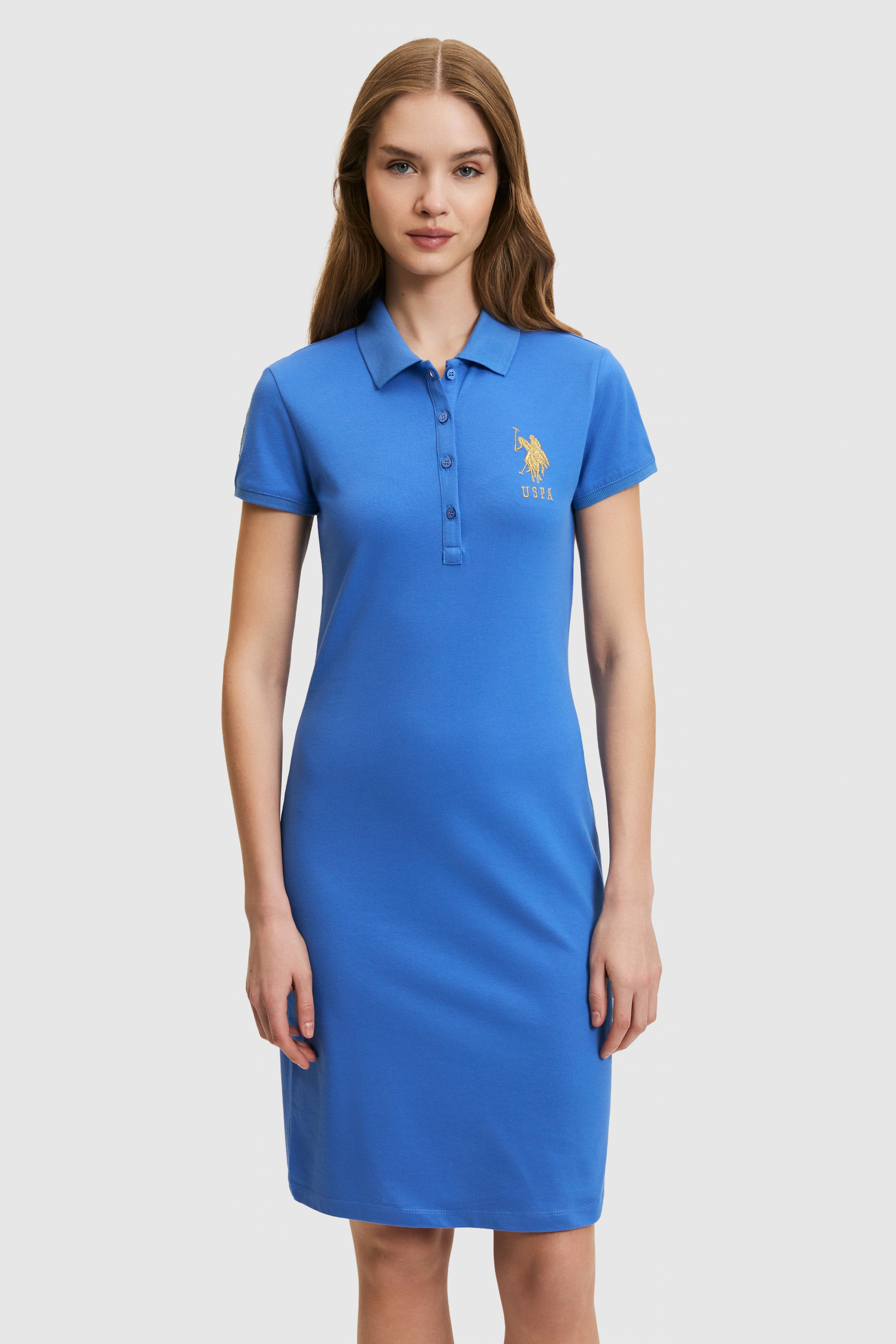 Kadın İndigo Polo Yaka Mini Boy Örme Elbise