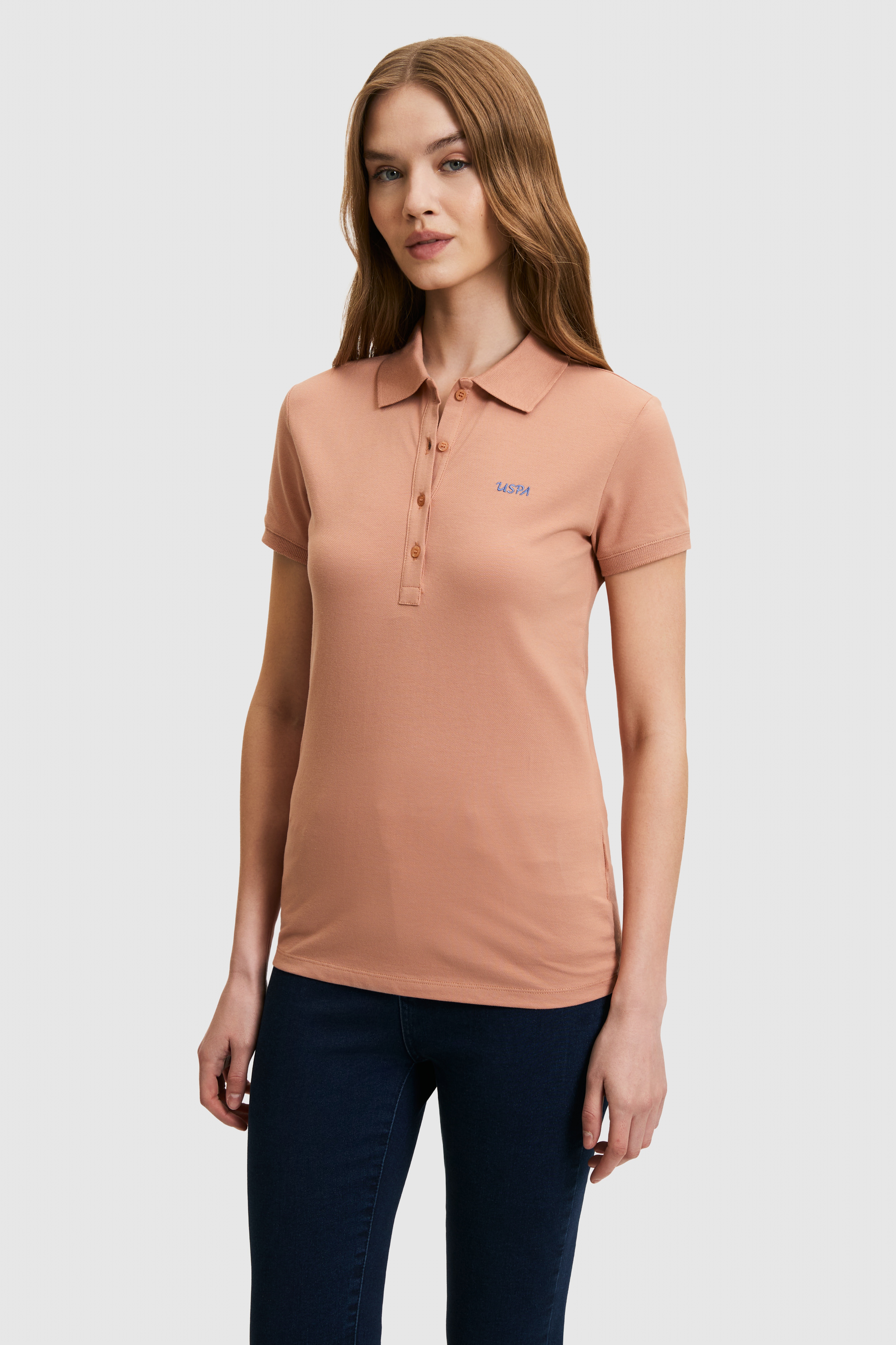 Kadın Pudra Polo Yaka Basic Tişört