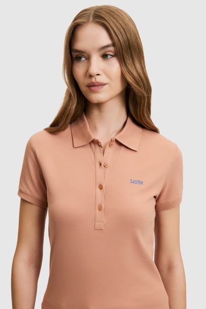 Kadın Pudra Polo Yaka Basic Tişört