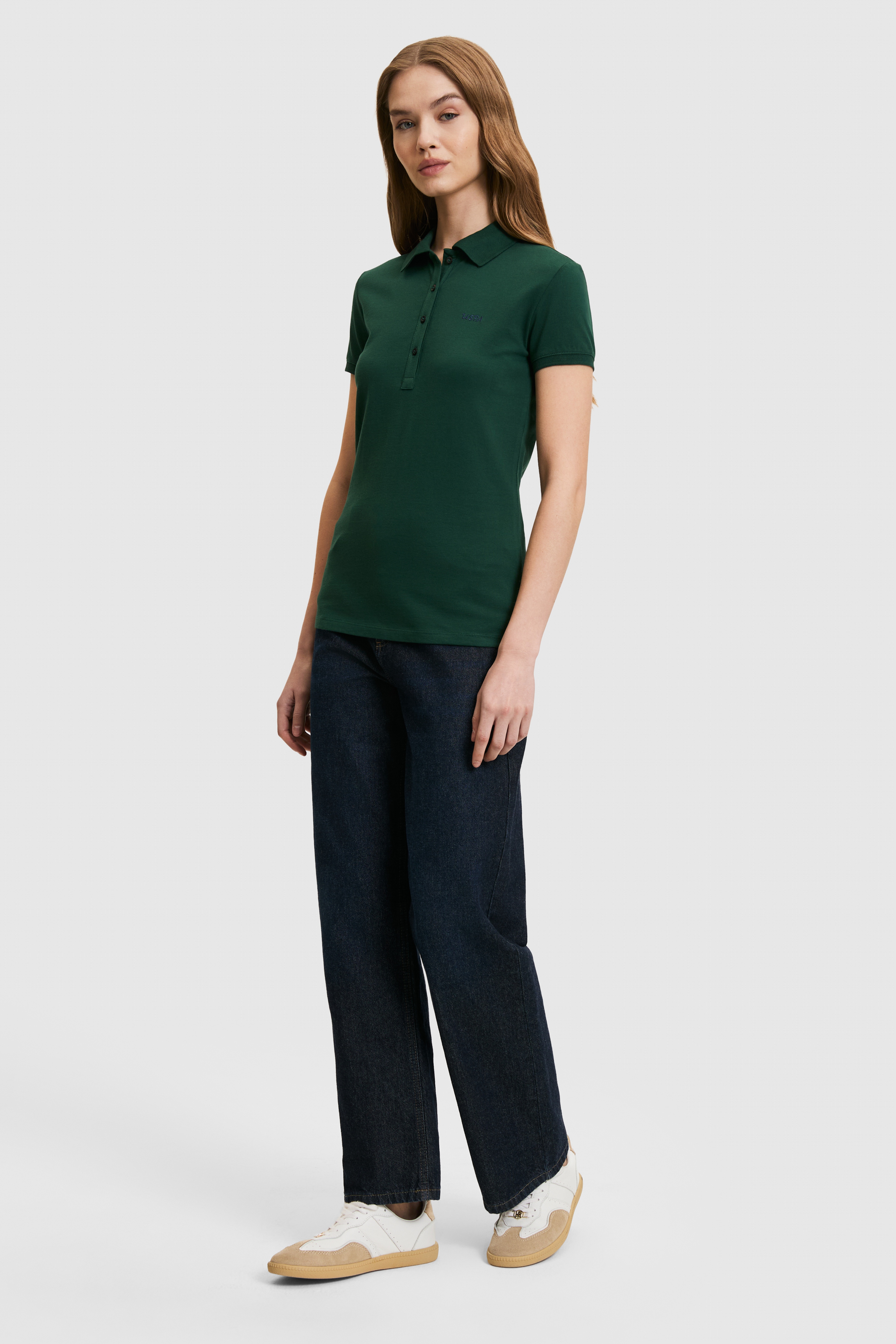 Kadın Koyu Yeşil Polo Yaka Basic Tişört - Image 4