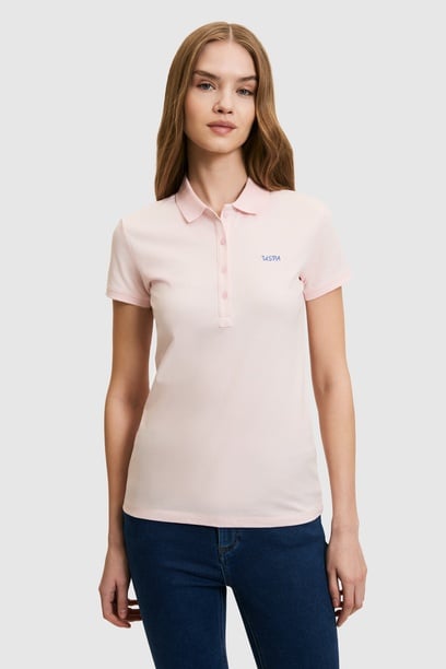 Kadın Açık Pembe Polo Yaka Düğme Detaylı Basic Tişört