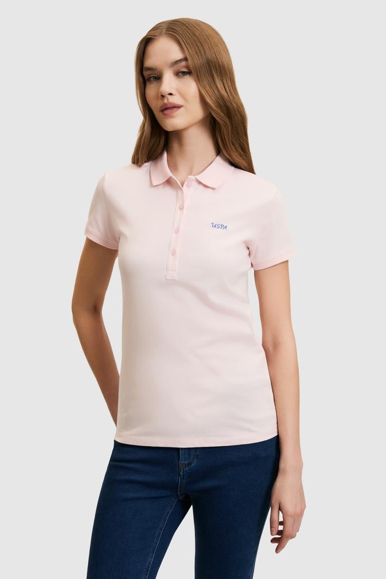 Kadın Açık Pembe Polo Yaka Düğme Detaylı Basic Tişört