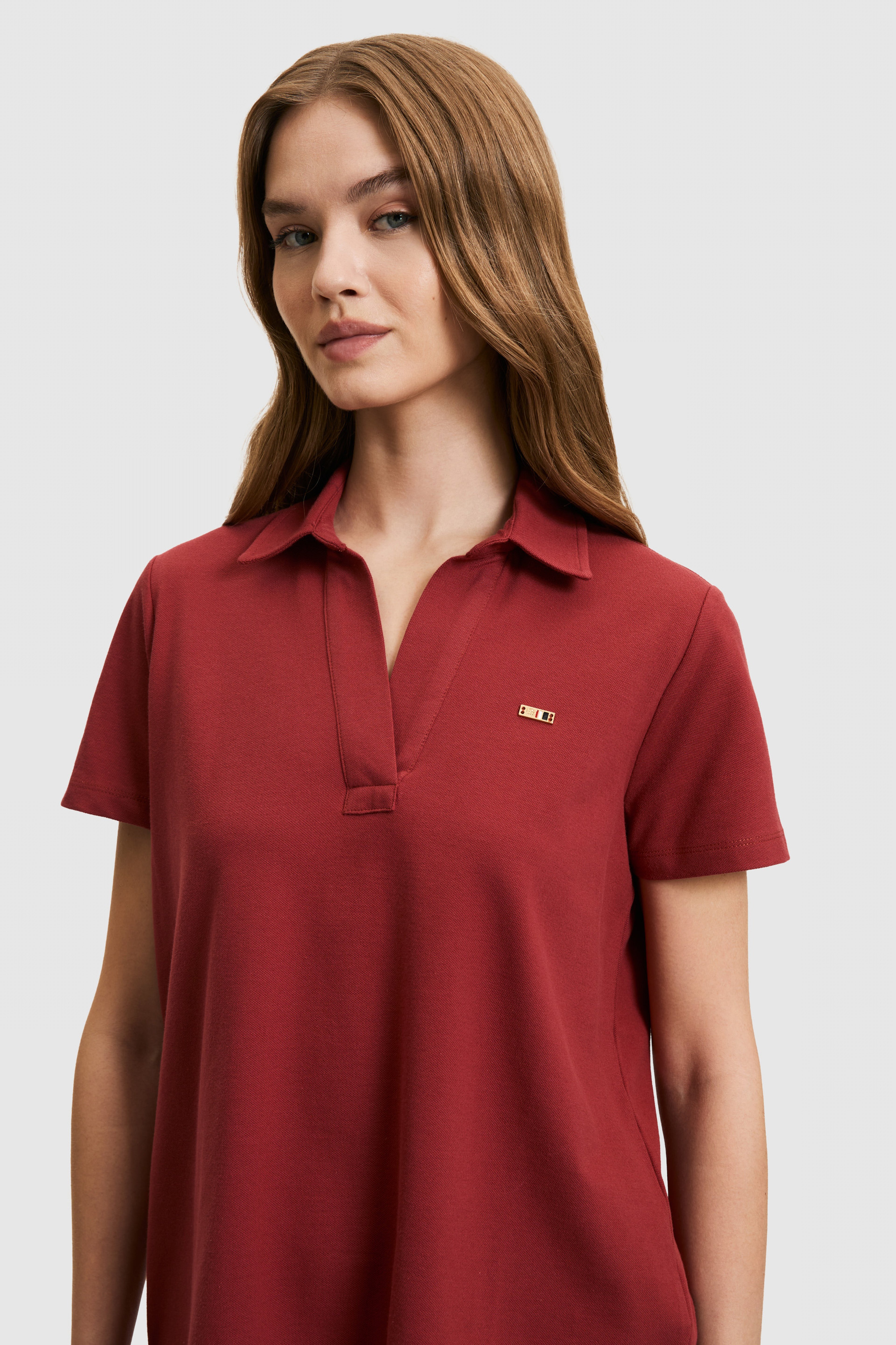 Kadın Vişne Polo Yaka Basic Tişört - Image 2