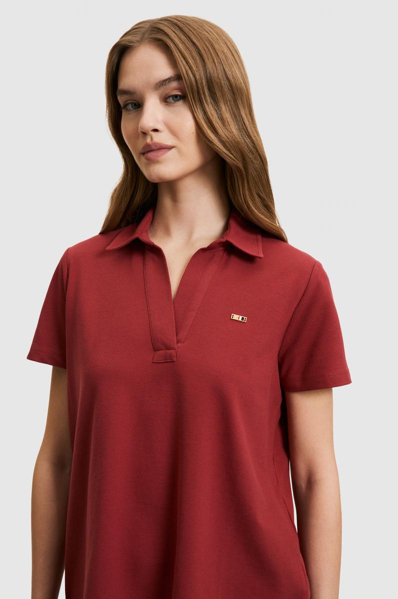 Kadın Vişne Polo Yaka Basic Tişört