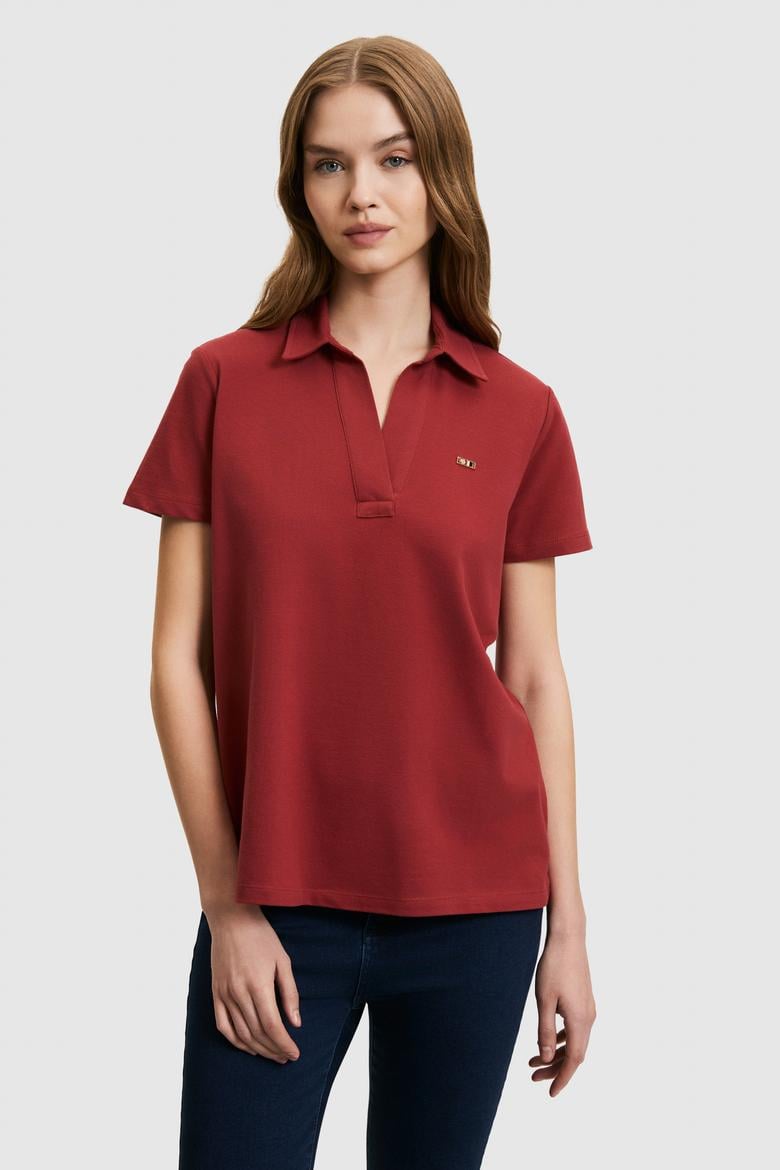 Kadın Vişne Polo Yaka Basic Tişört - 50323447108