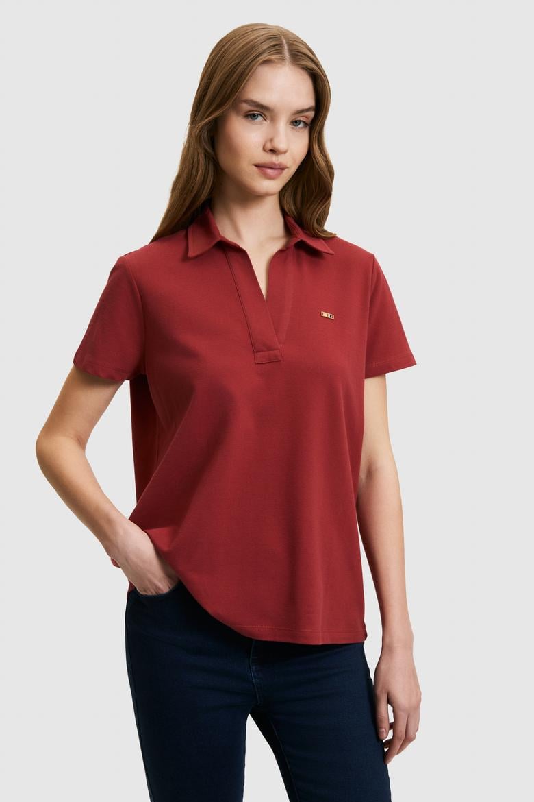 Kadın Vişne Polo Yaka Basic Tişört