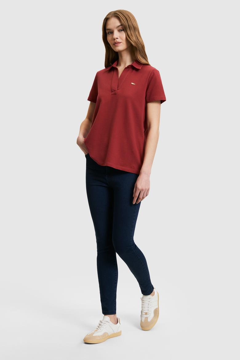 Kadın Vişne Polo Yaka Basic Tişört - 50323447108