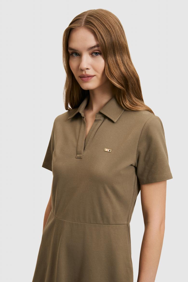 Kadın Koyu Haki Polo Yaka Örme Elbise - 50323539033
