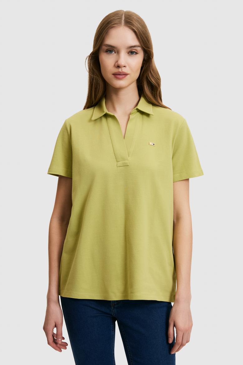 Kadın Yeşil Polo Yaka Basic Tişört - 50323447024