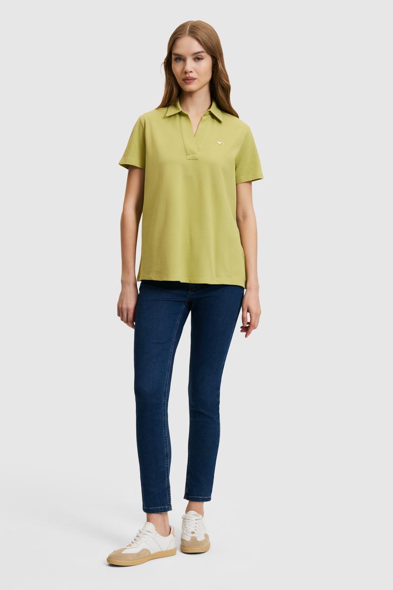 Kadın Yeşil Polo Yaka Basic Tişört - 50323447024