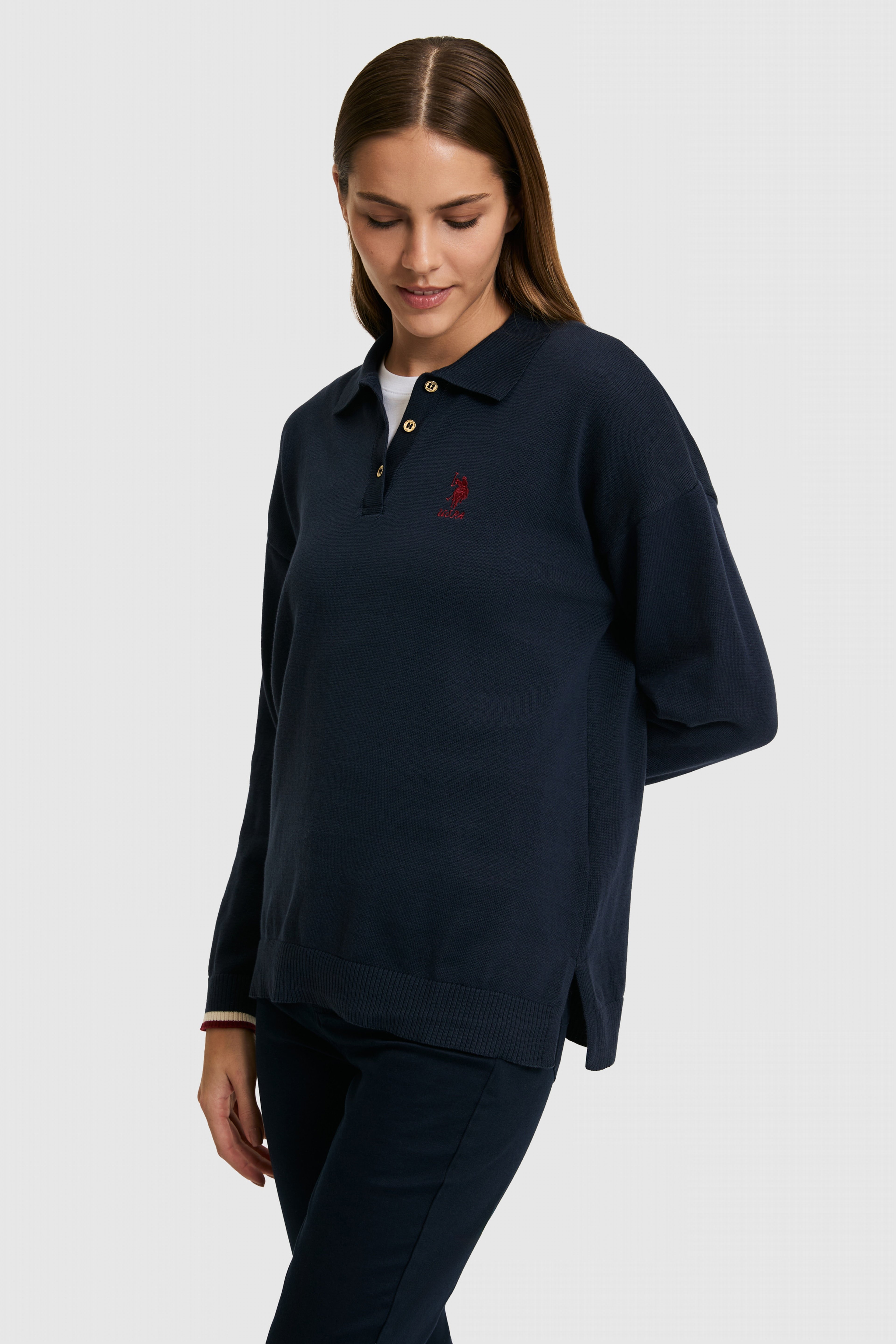 Kadın Lacivert Polo Yaka Kazak