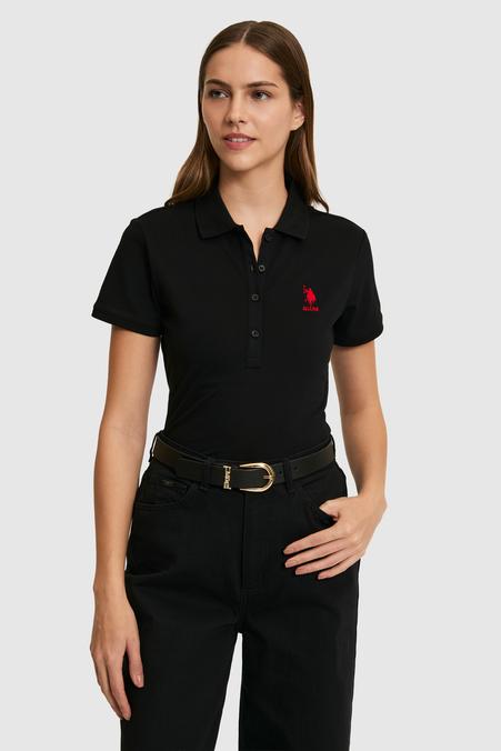 Kadın Siyah Polo Yaka Basic Tişört