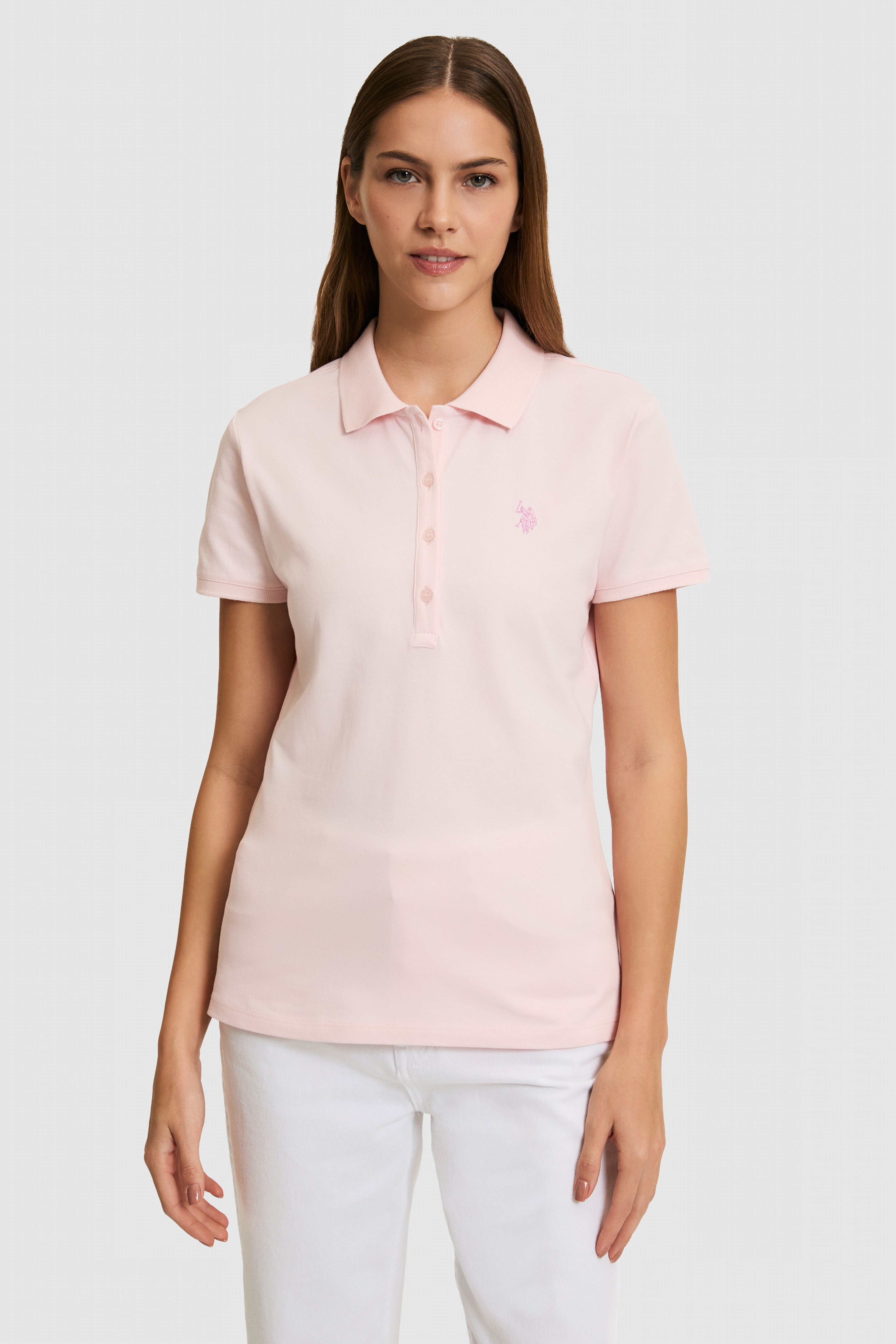 Kadın Açık Pembe Polo Yaka Basic Tişört - Image 4
