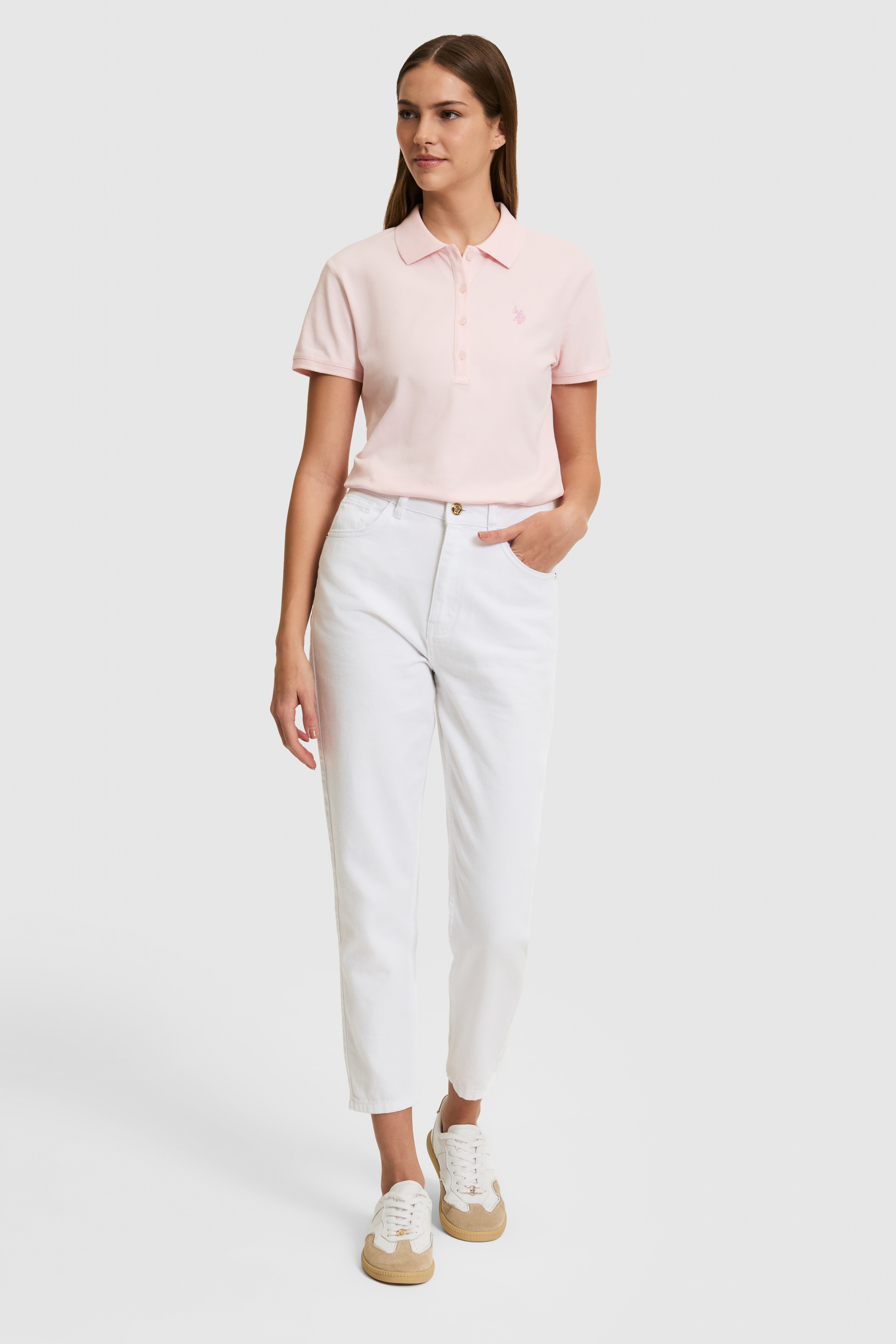 Kadın Açık Pembe Polo Yaka Basic Tişört