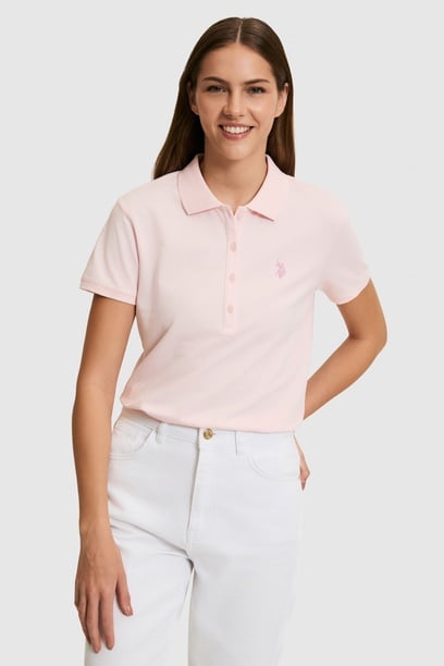 Kadın Açık Pembe Polo Yaka Basic Tişört